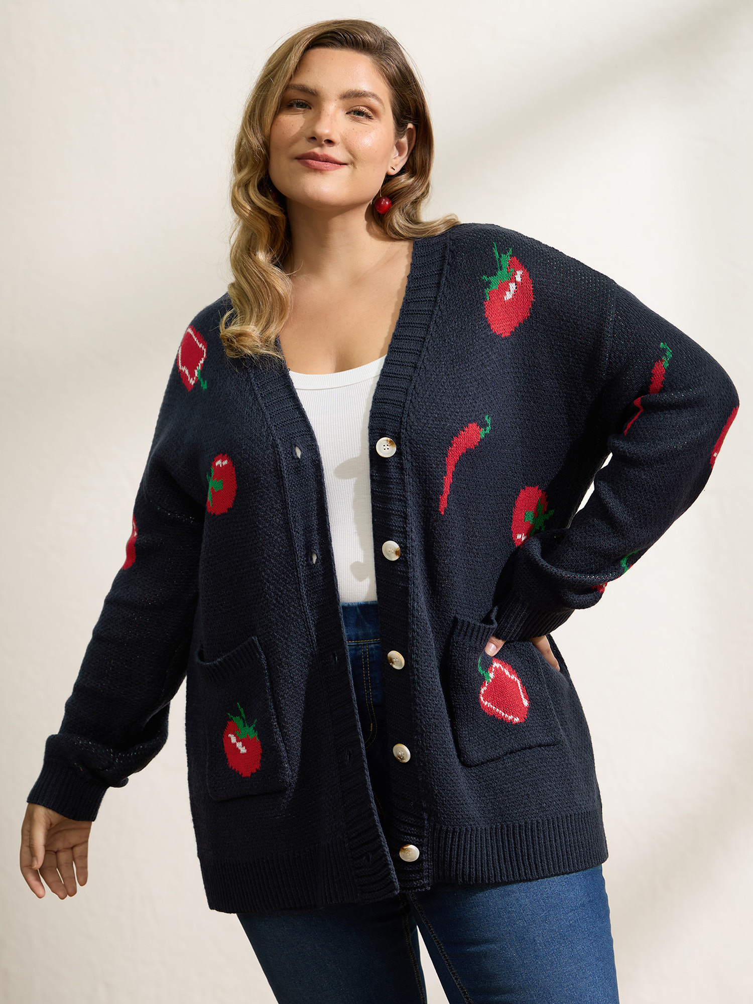 BloomChic Women's Plus Size Tomato Chili Print Button Knit Cardigan Midnight Long Sleeve 30/6X