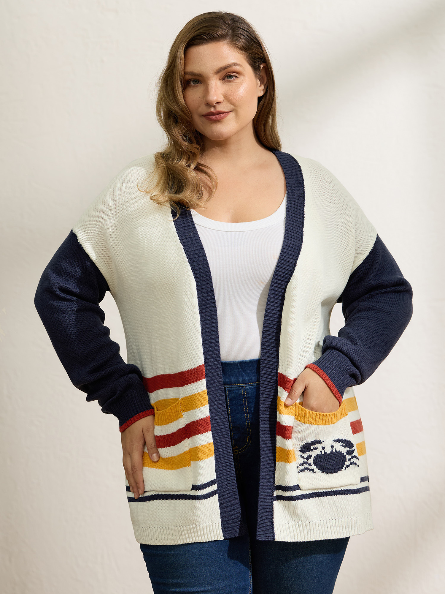 BloomChic Women's Plus Size Colorful Stripe Seahorse Motif Jacquard Knit Cardigan Originalwhite Long Sleeve 30/6X