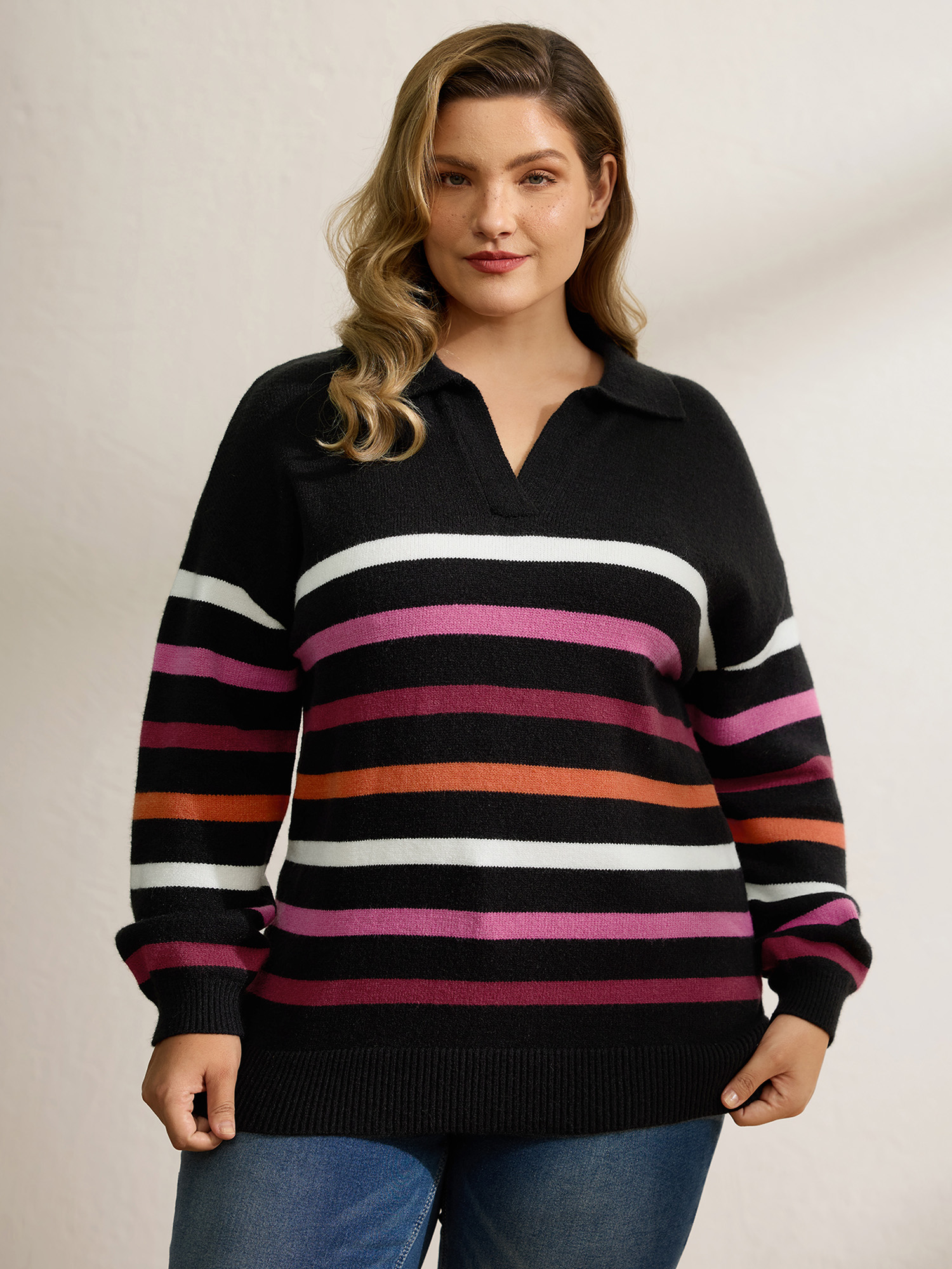 BloomChic Women's Plus Size Supersoft Polo Collar Colorful Stripes Pullover Black Long Sleeve 12/L