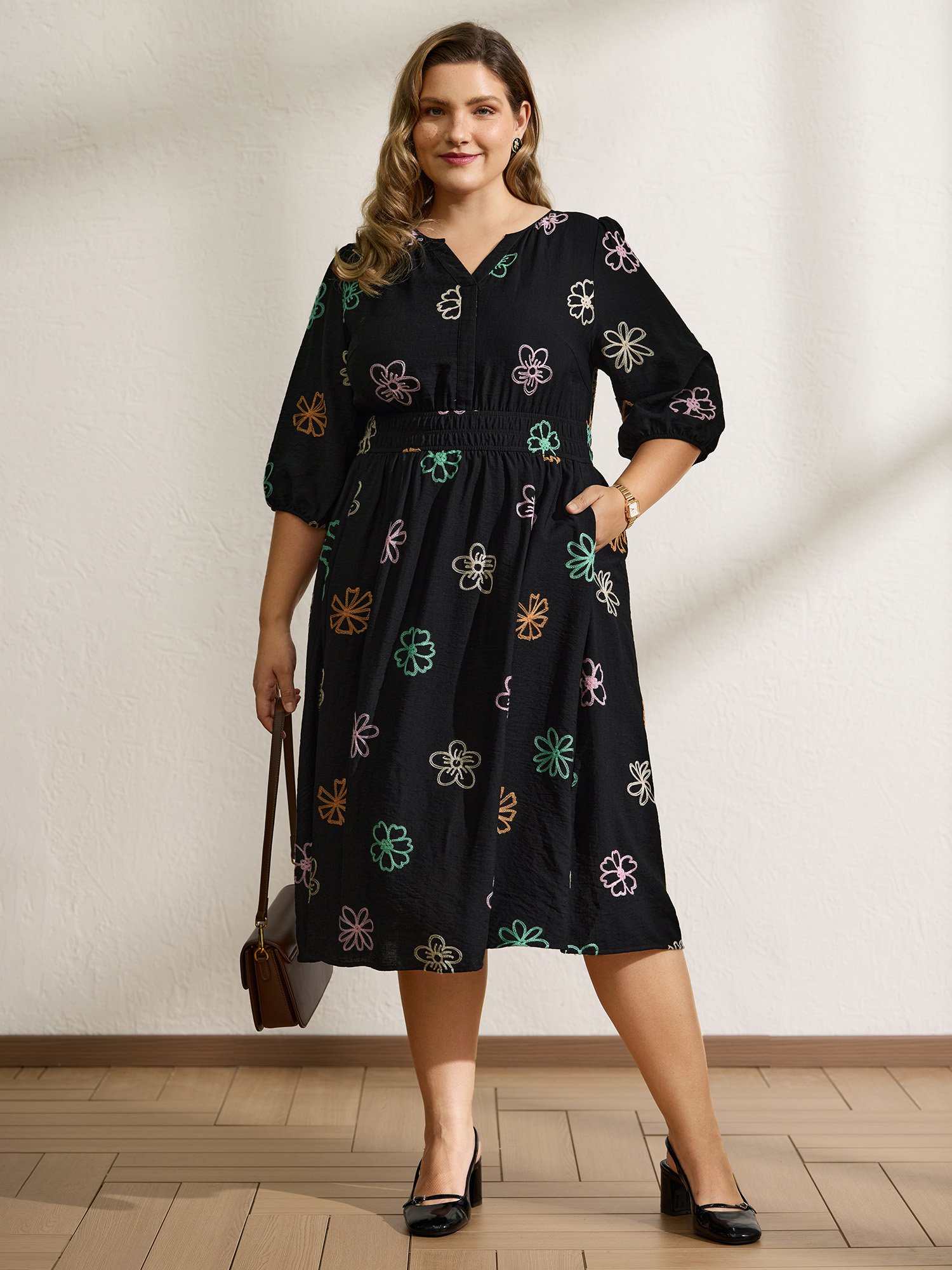 BloomChic Women's Plus Size Colorful Embroidered Waist-Defining Midi Dress DarkBlue Non Midi Everyday-Casual 14-16/1X