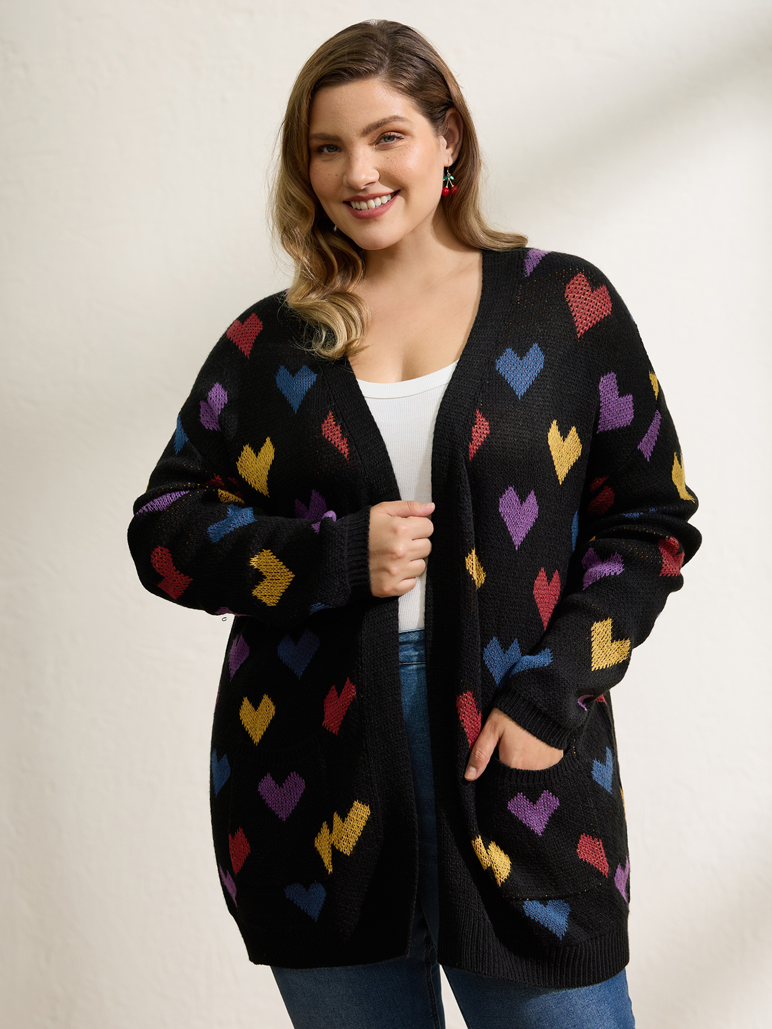 BloomChic Women's Plus Size Colorful Hearts Jacquard Pockets Knit Cardigan Black Long Sleeve 10/M