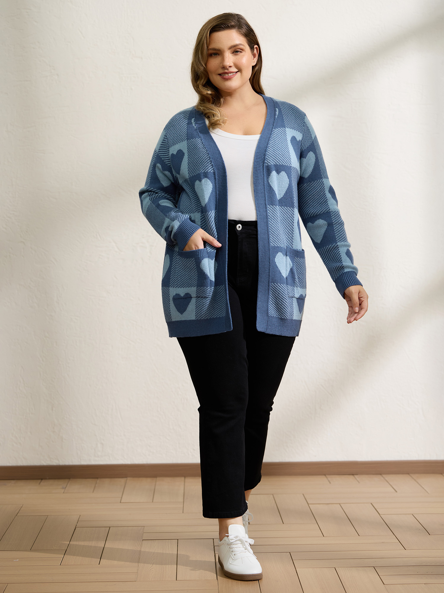 BloomChic Women's Plus Size Supersoft Checkered Hearts Jacquard Pockets Knit Cardigan Mediumblue Long Sleeve 10/M