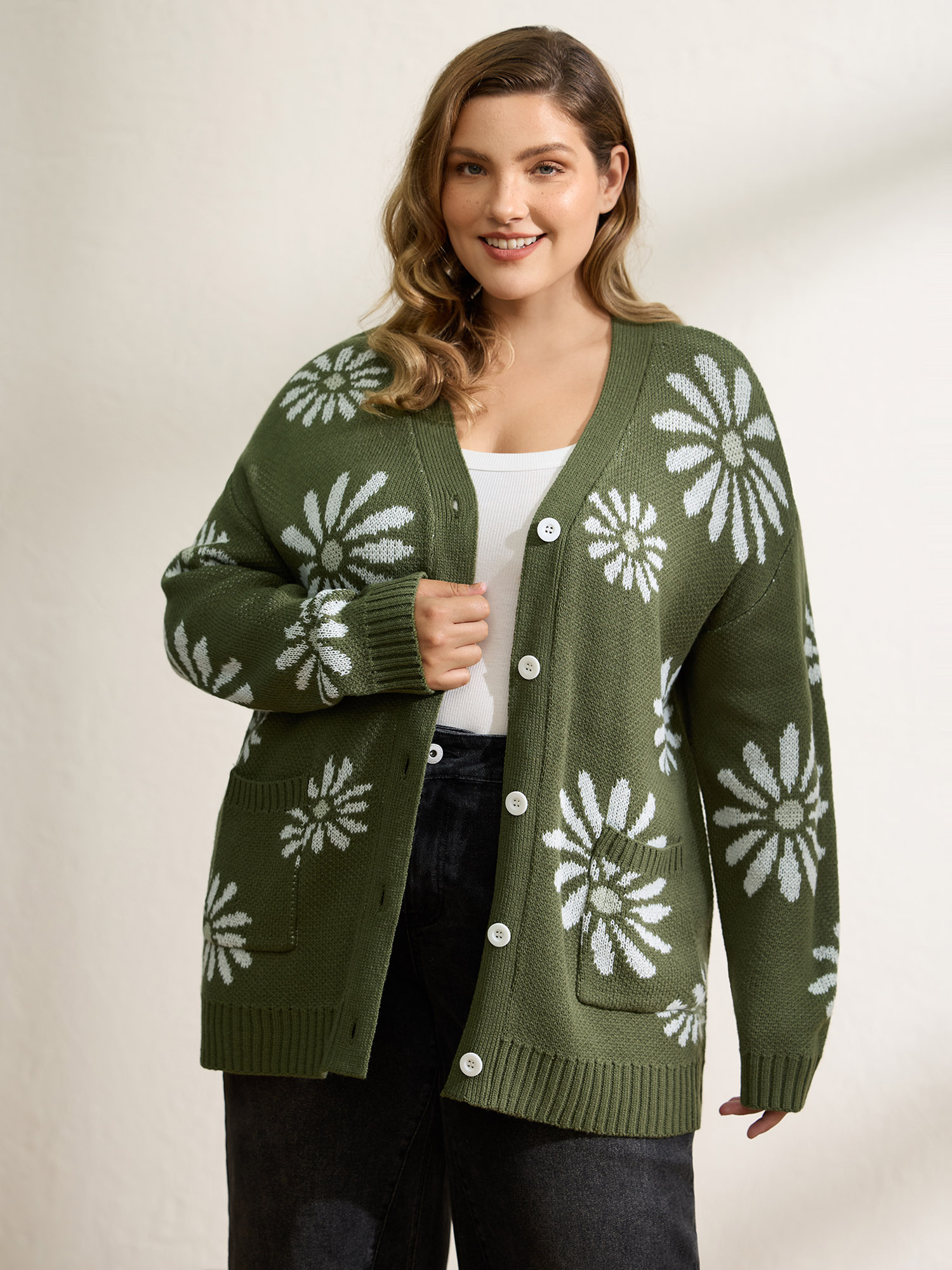 BloomChic Women's Plus Size Floral Jacquard Button Pockets Knit Cardigan ArmyGreen Long Sleeve 10/M