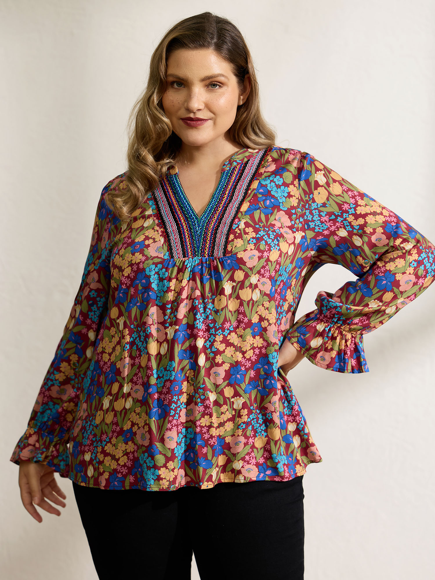 BloomChic Women's Plus Size Floral Print Contrast Webbing Notched Neckline Blouse Burgundy Floral Everyday-Casual Long Sleeve 10/M