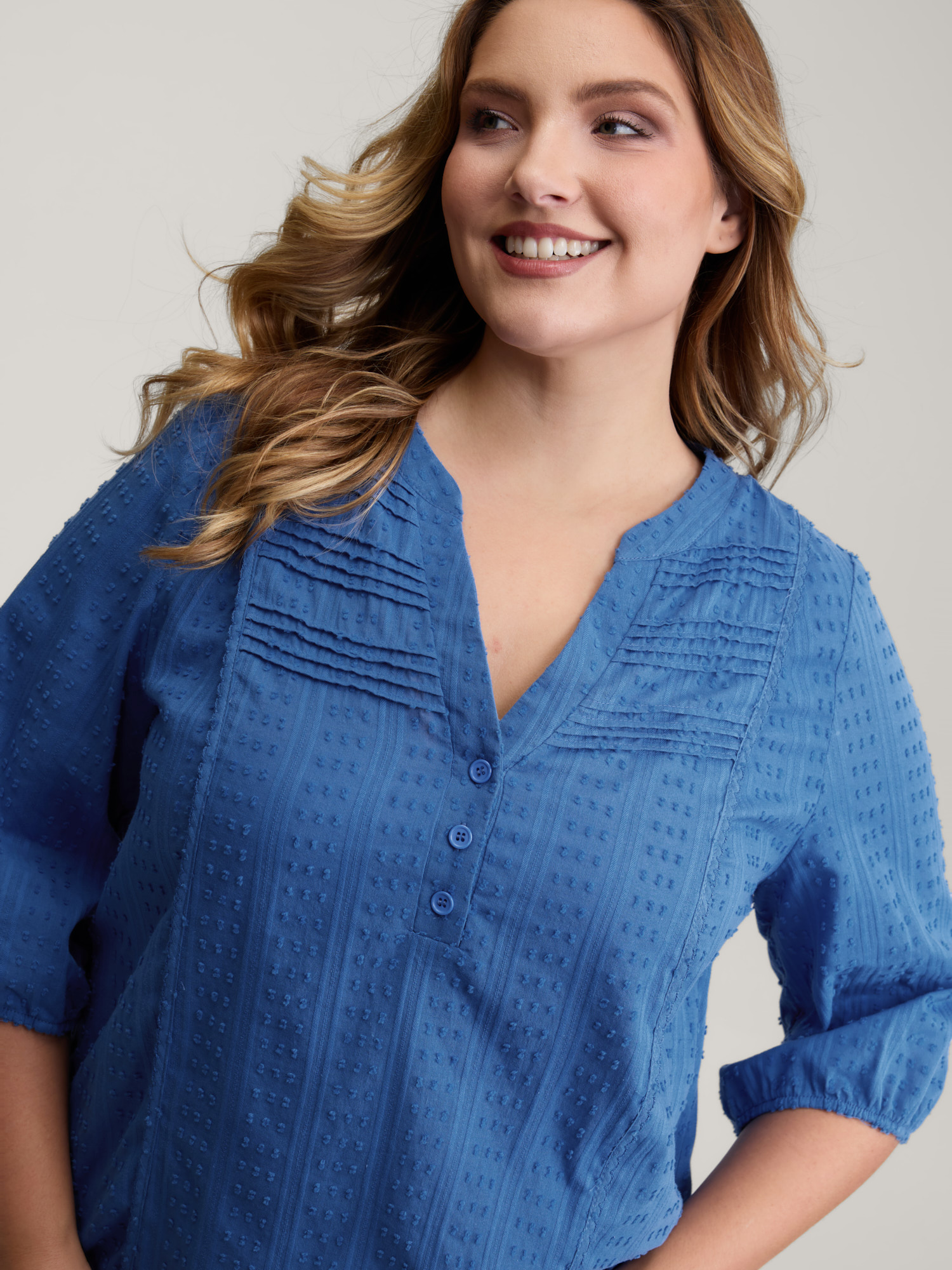 BloomChic Women's Plus Size Textured Pleated Notched Neckline Blouse Brightblue Synthetic texture Everyday-Casual 3/4 Sleeve 10/M
