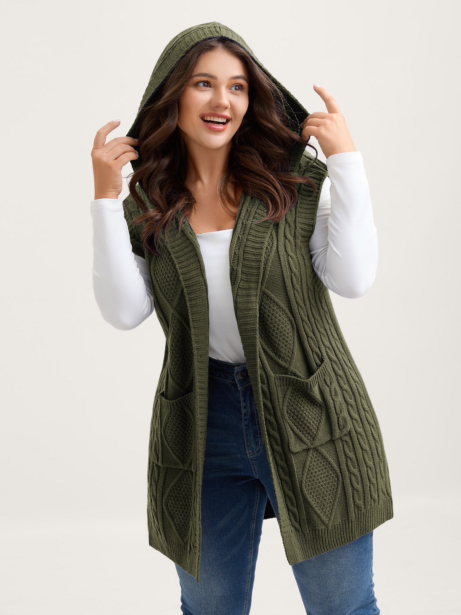 BloomChic Women's Plus Size Hooded Sleeveless Cable Knit Cardigan Rifle Green Sleeveless Hooded Neck 10/M