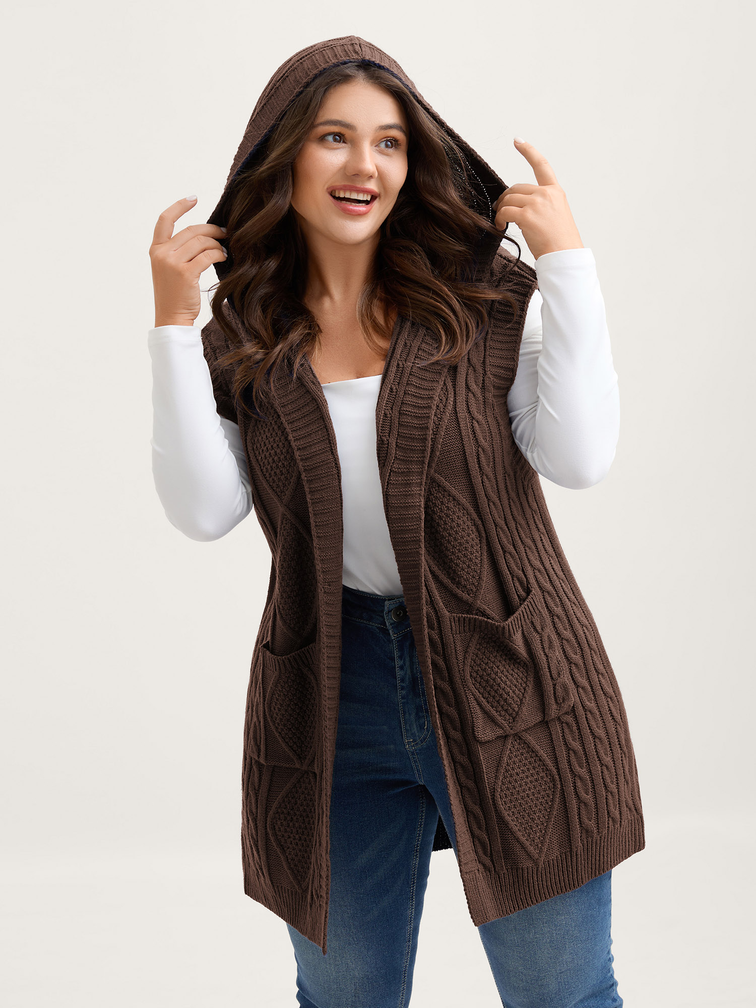 BloomChic Women's Plus Size Hooded Sleeveless Cable Knit Cardigan Shaved Chocolate Sleeveless Hooded Neck 10/M