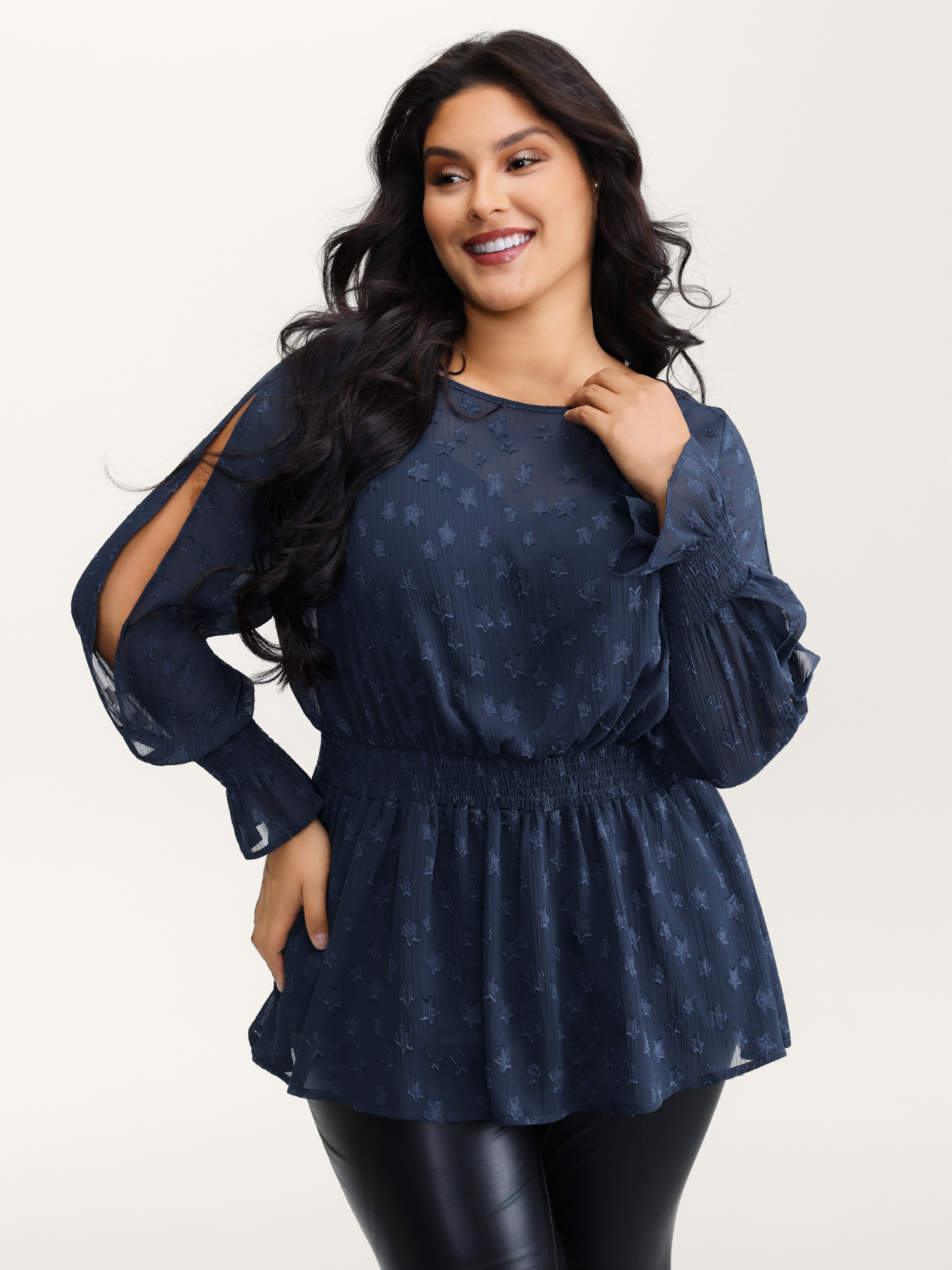 BloomChic Women's Plus Size Star Jacquard Print Shirred Ruffled Blouse Indigo Synthetic texture Occasion Extra Long Sleeve 22-24/3X