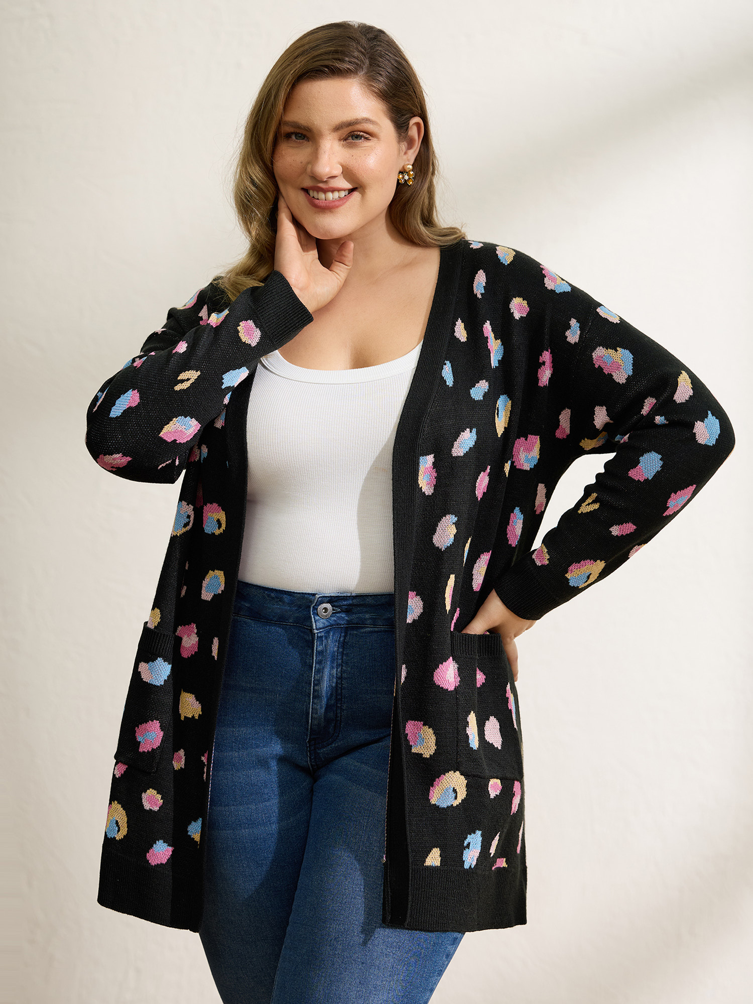 BloomChic Women's Plus Size Colorful Leopard Print Pockets Knit Cardigan Black Long Sleeve 10/M