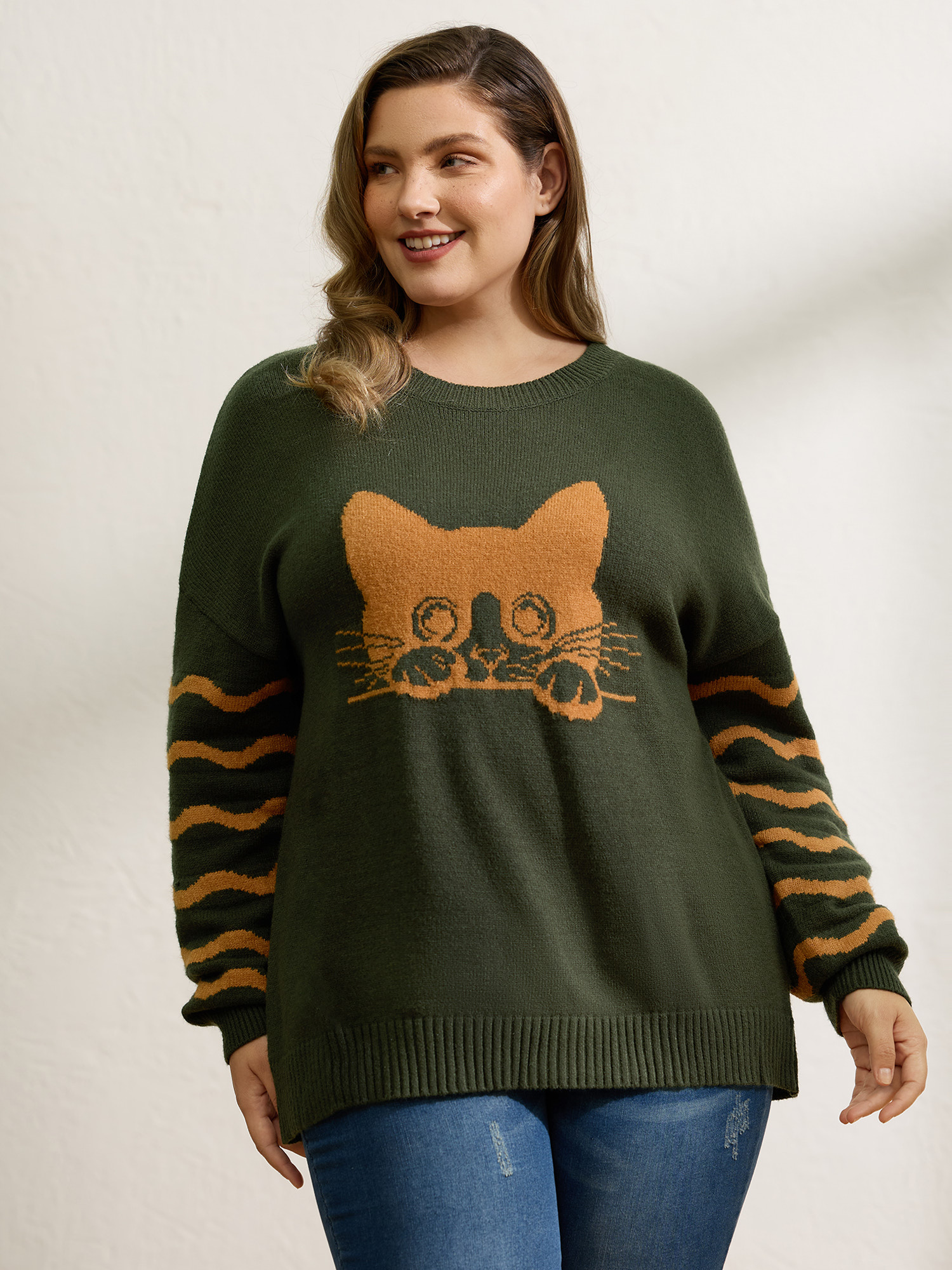 BloomChic Women's Plus Size Cat Wavy Print Jacquard Contrast Pullover ArmyGreen Animals Long Sleeve 10/M