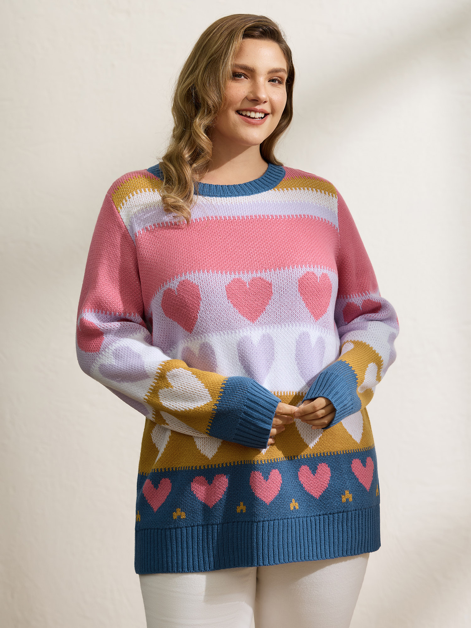 BloomChic Women's Plus Size Colorful Hearts Jacquard Pattern Pullover Watermelon Long Sleeve 10/M