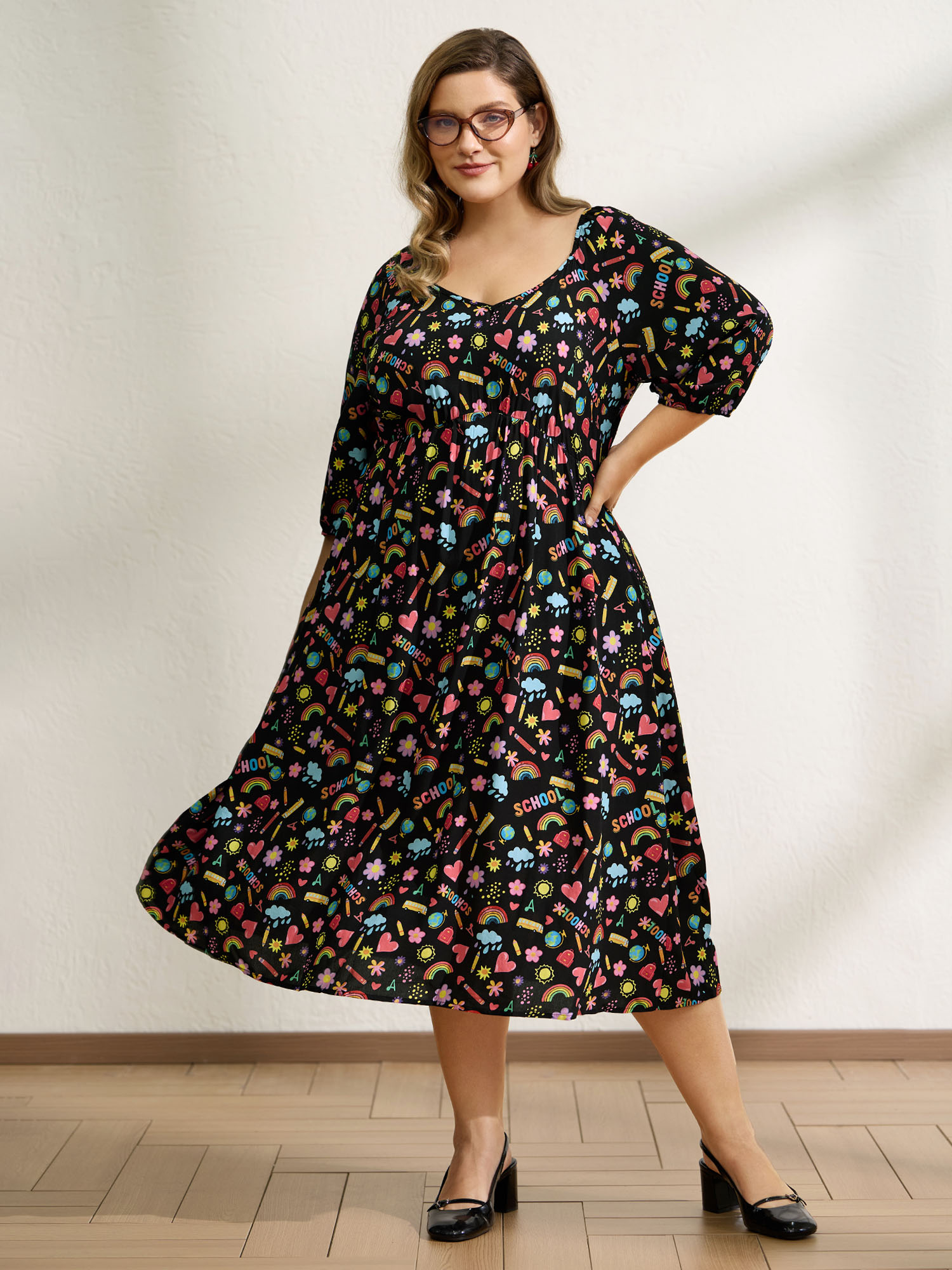 BloomChic Women's Plus Size Playful School Print Rayon Deep Neck Midi Dress Multicolor Letter Midi Everyday-Casual Non 10/M