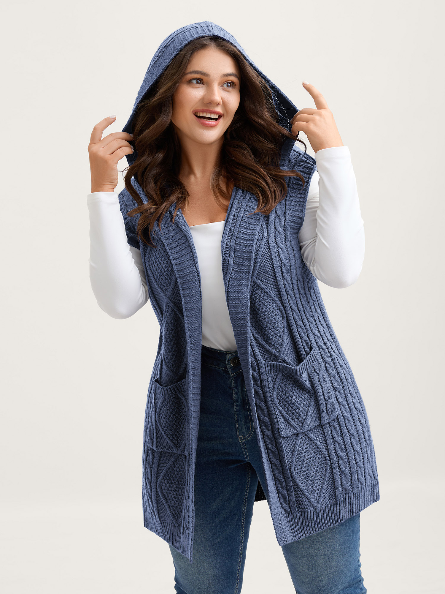 BloomChic Women's Plus Size Hooded Sleeveless Cable Knit Cardigan Crown Blue Sleeveless Hooded Neck 10/M