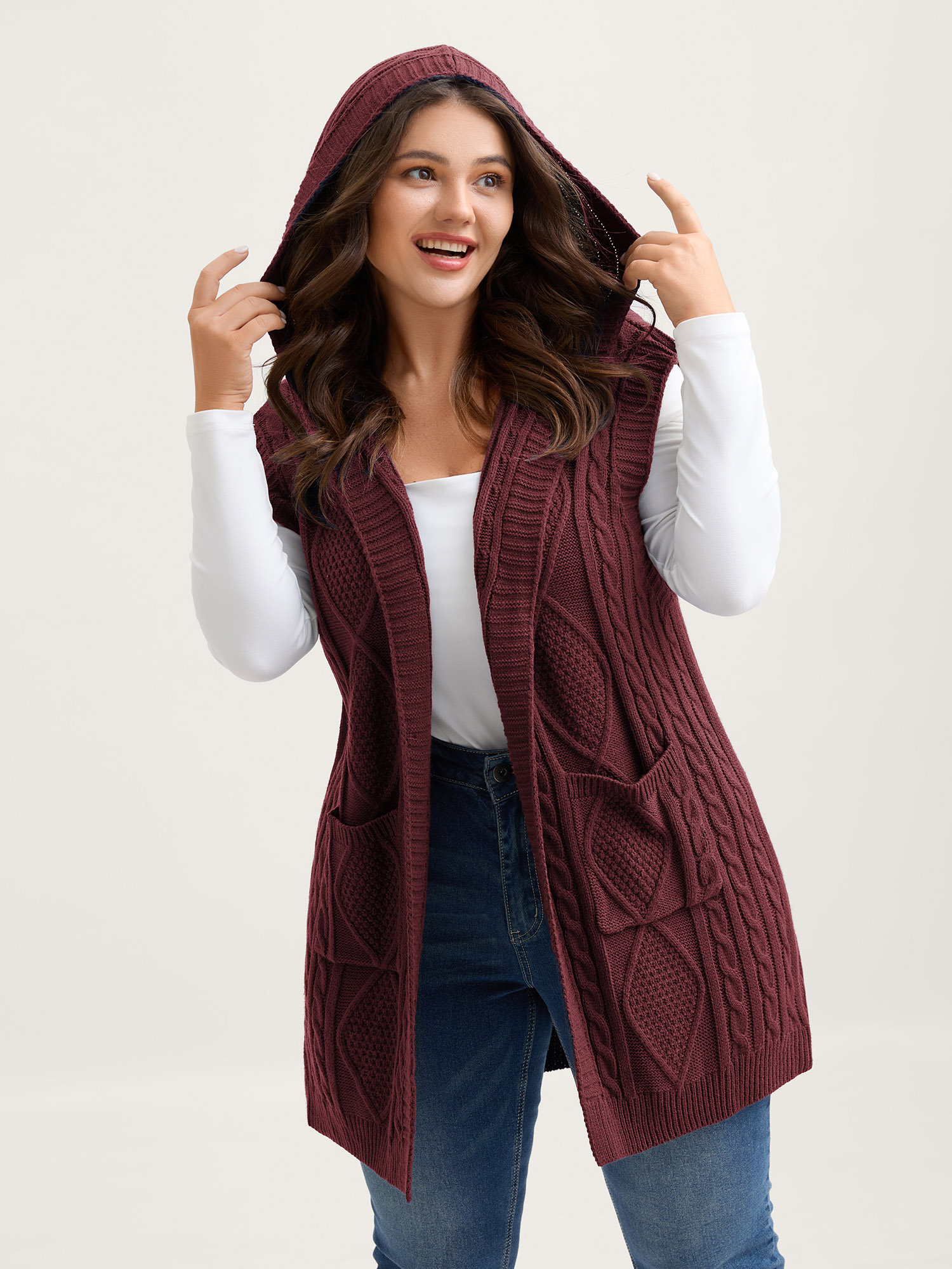 BloomChic Women's Plus Size Hooded Sleeveless Cable Knit Cardigan Madder Brown Sleeveless Hooded Neck 10/M
