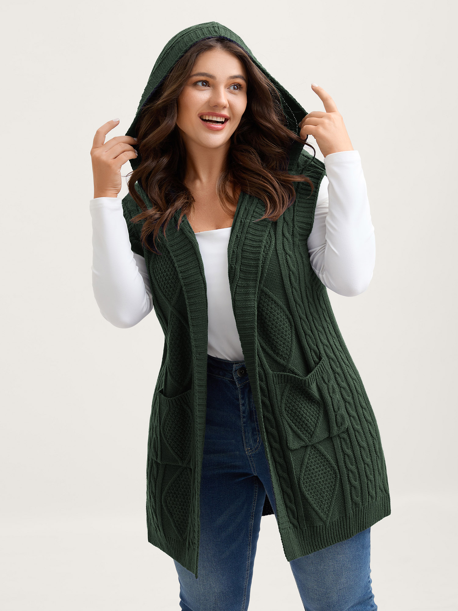 BloomChic Women's Plus Size Hooded Sleeveless Cable Knit Cardigan Black Forest Sleeveless Hooded Neck 10/M