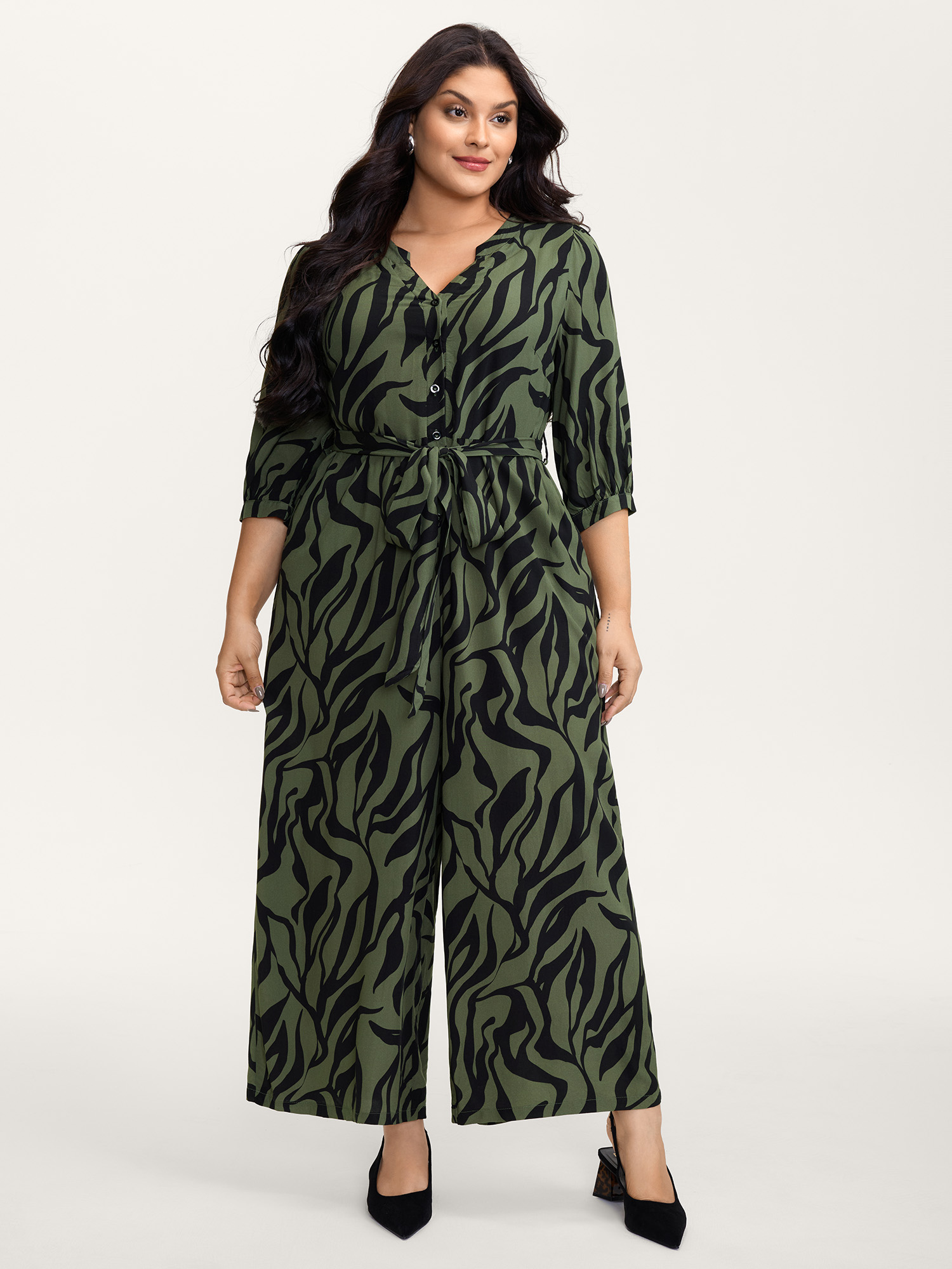BloomChic Plus Size Zebra Print Stretchy Belted Waist Jumpsuit - Curve Women's ArmyGreen Playsuit - Elongate neckline Slanted pocket H-line Jumpsuits 14/M