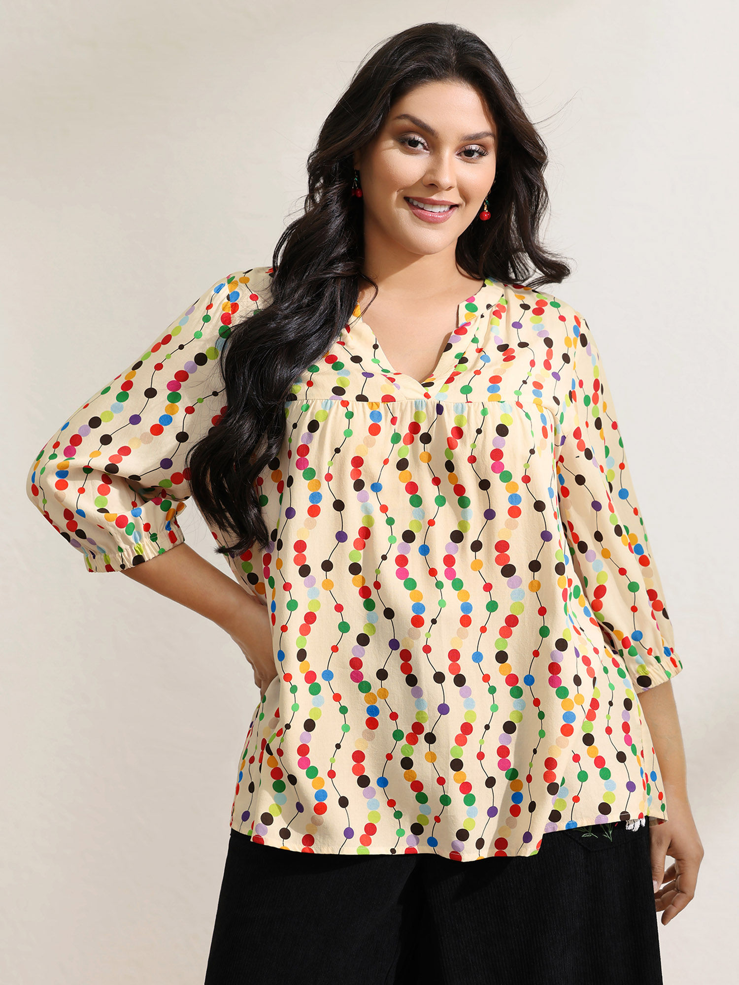 BloomChic Women's Plus Size Colorful Polka Dots Rayon Notched Collar Blouse Multicolor Polka dots Everyday-Casual 3/4 Sleeve 10/M