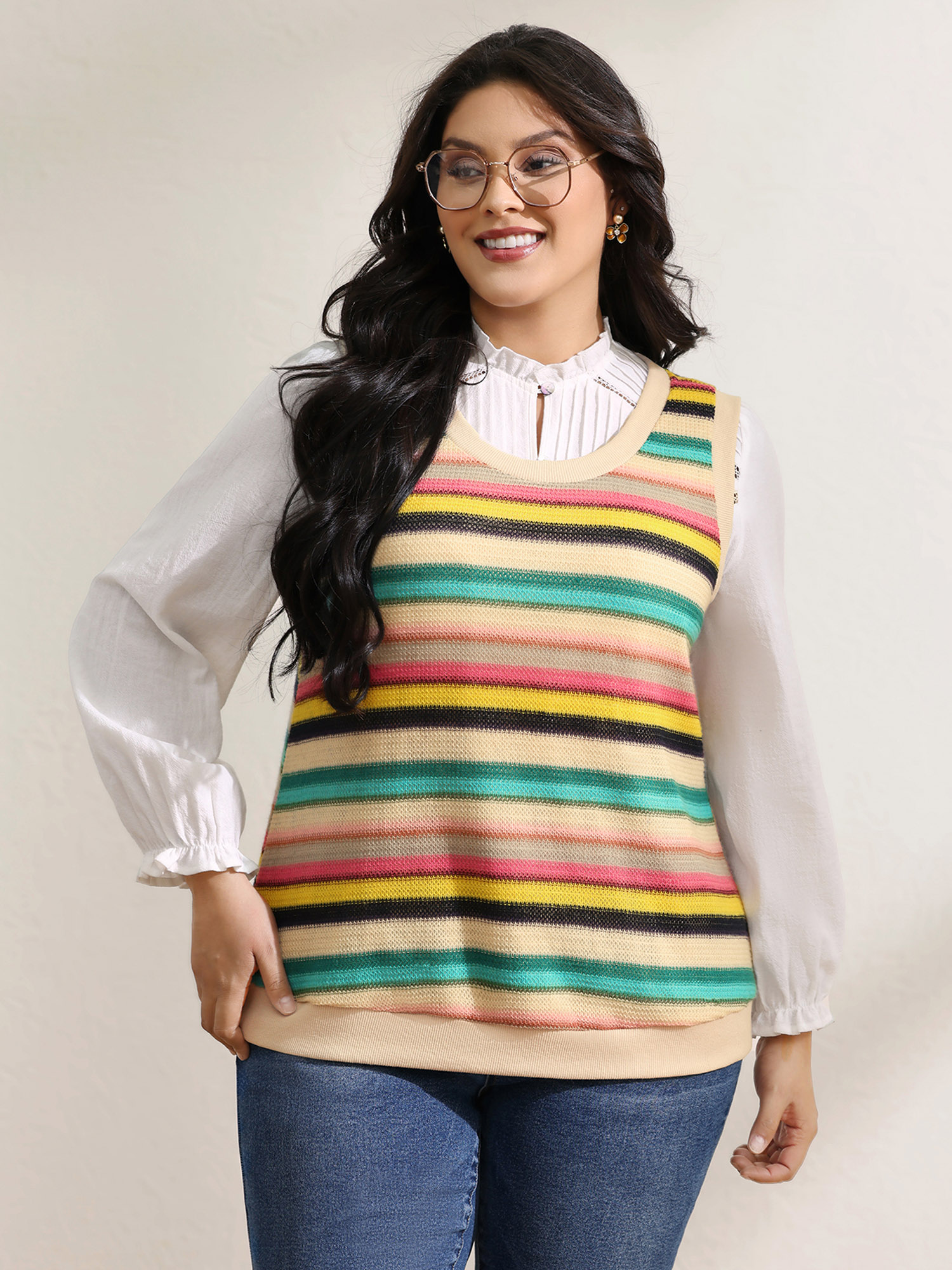 BloomChic Women's Plus Size Colorful Stripe Stretchy Ribbed Hem Tank Top Multicolor Everyday-Casual H-line 10/M