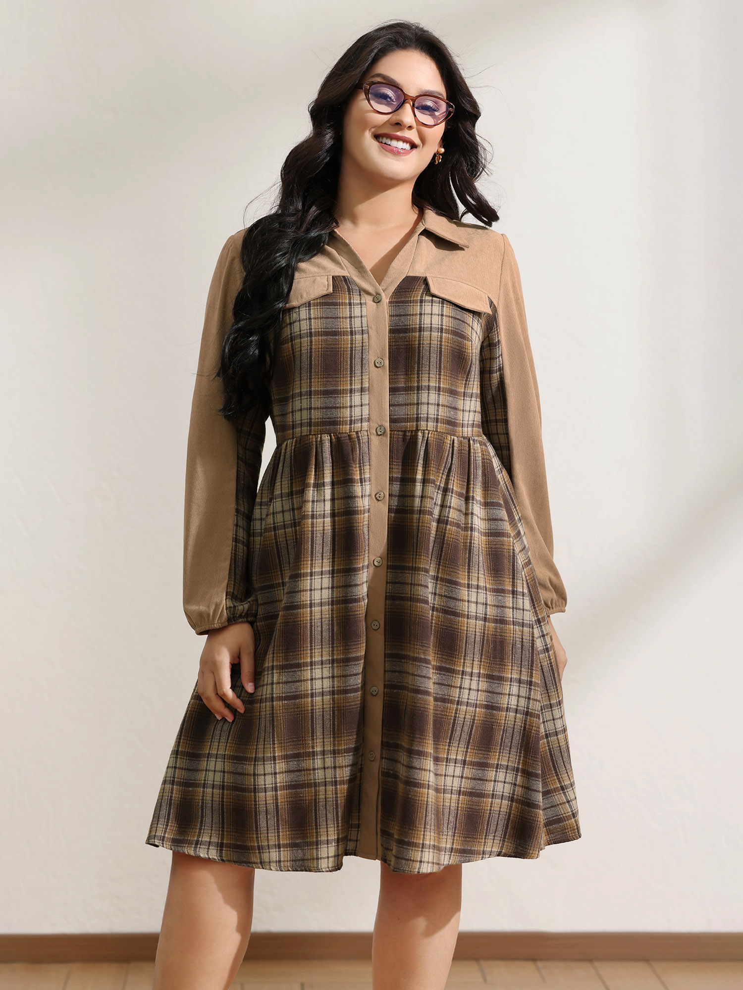 BloomChic Women's Plus Size Corduroy Plaid Pattern Contrast Midi Dress Browncoffeecolor Plaid Knee Everyday-Casual Colorblock 12/L