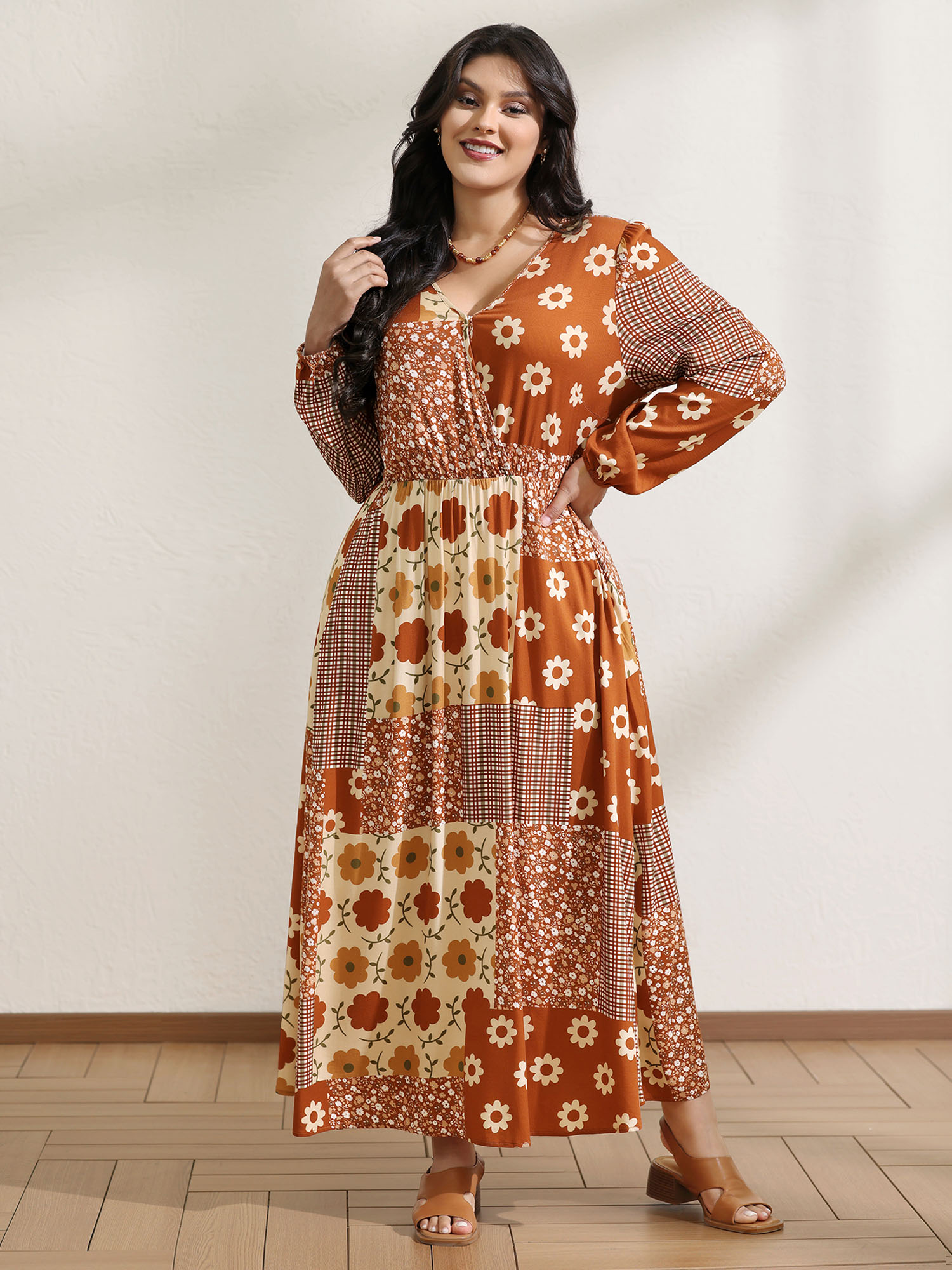 BloomChic Women's Plus Size Floral Collage Print Lantern Sleeve Maxi Dress Multicolor Floral Maxi Everyday-Casual Overlapping 10/M