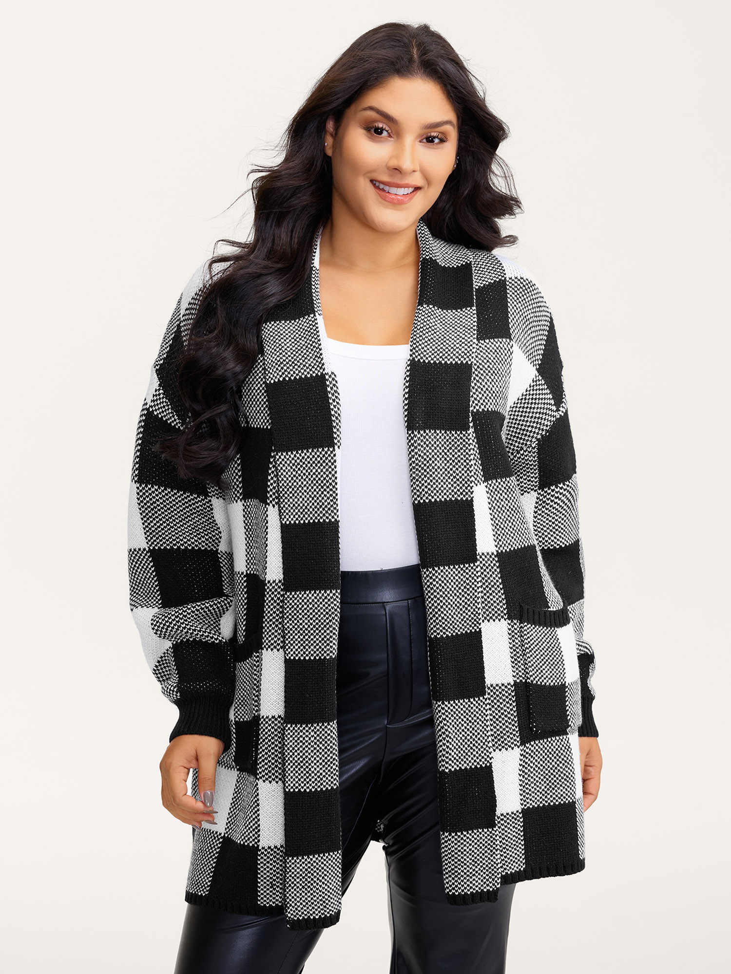 BloomChic Women's Plus Size Checkered Jacquard Folded Collar Knit Cardigan Black Long Sleeve 10/M