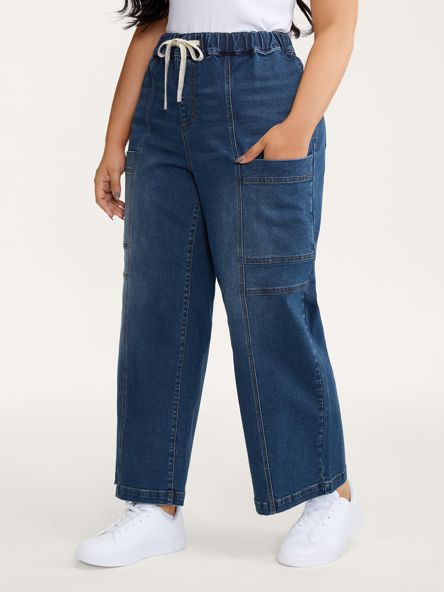 BloomChic Women's Plus Size Pull-On Drawstring Straight-Leg Cargo Jeans Ocean Cavern not graphics Smocked Straight fit High stretch 18/2X