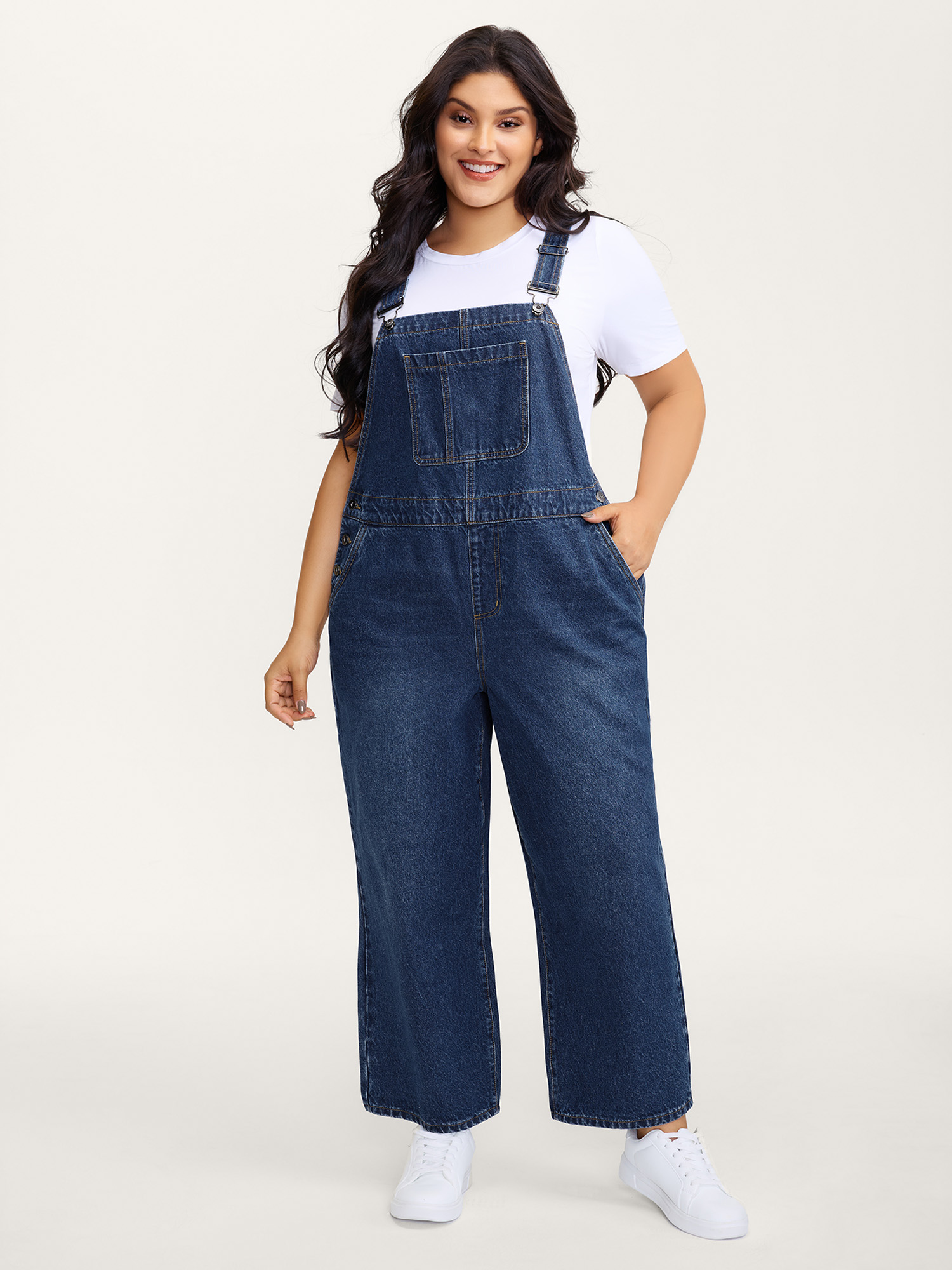 BloomChic Women's Plus Size Cotton Relaxed-Fit Side Button Overall Denim Jumpsuit Midblue not graphics Casual Non No stretch 26/4X-image-48075054973098