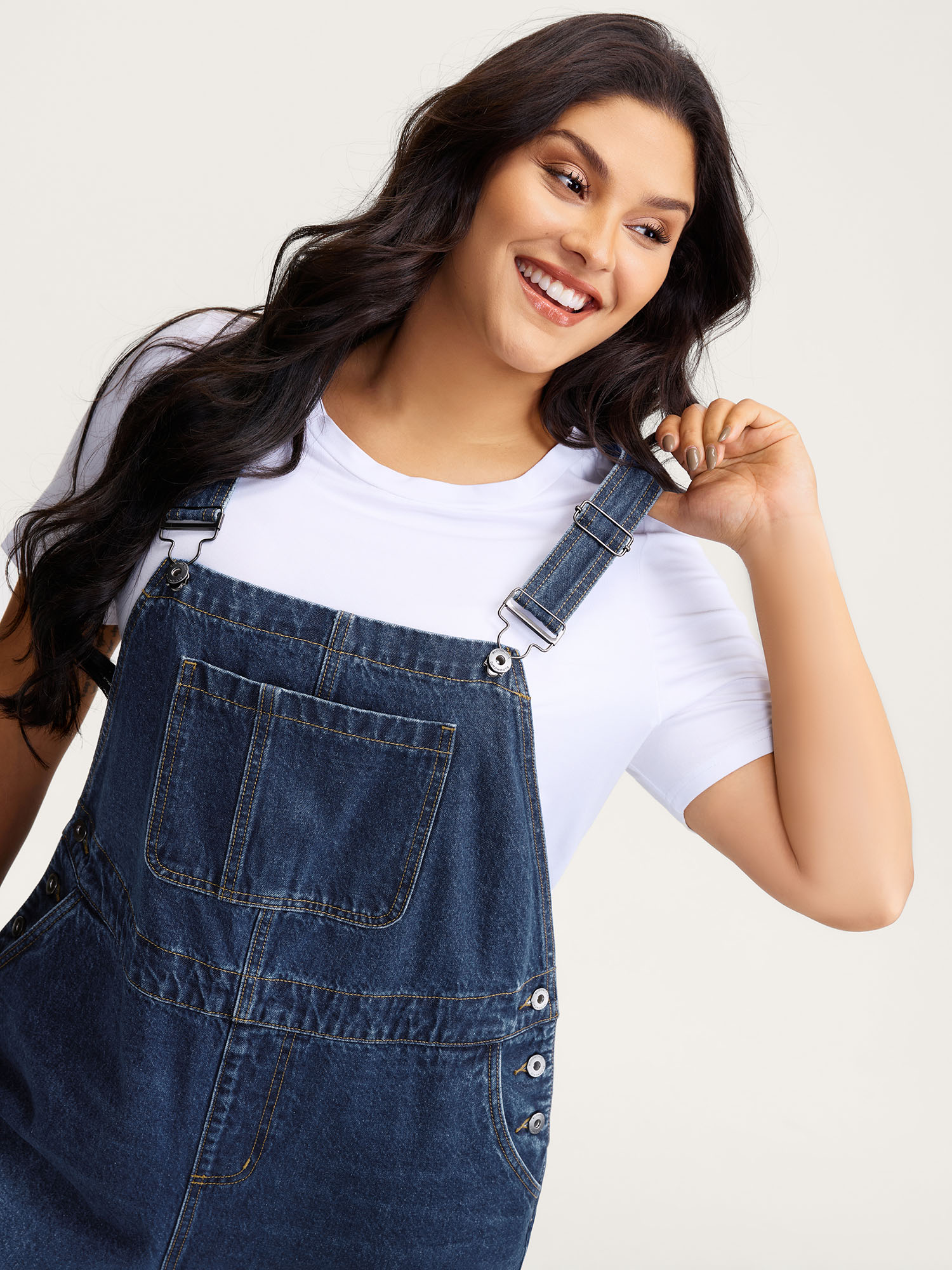 Side view of BloomChic Women's Plus Size Cotton Relaxed-Fit Side Button Overall Denim Jumpsuit Midblue not graphics Casual Non No stretch 22/3X