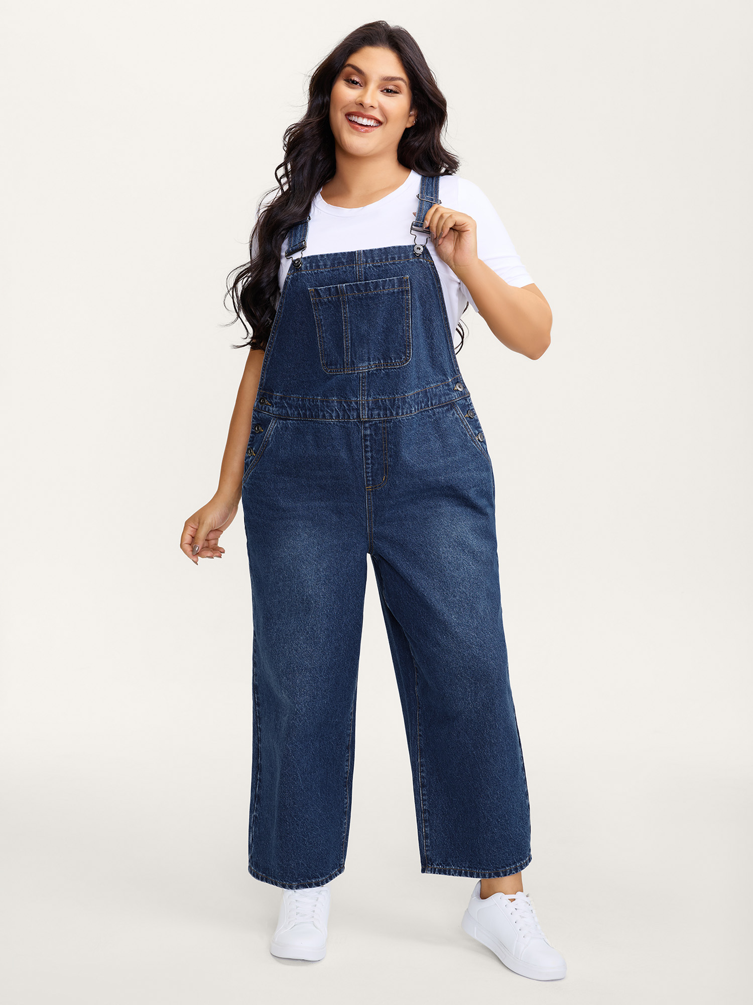 Side view of BloomChic Women's Plus Size Cotton Relaxed-Fit Side Button Overall Denim Jumpsuit Midblue not graphics Casual Non No stretch 22/3X