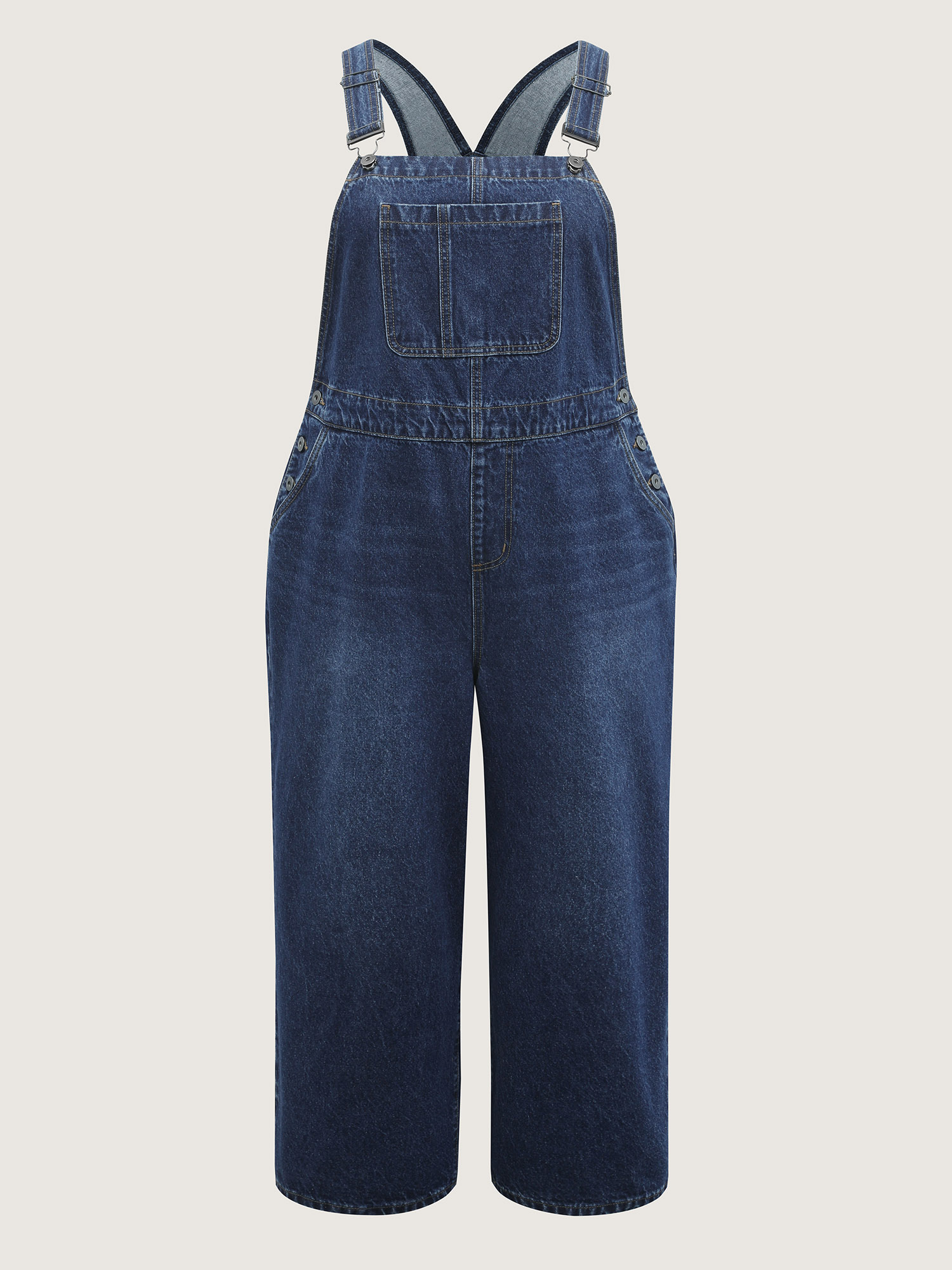 Side view of BloomChic Women's Plus Size Cotton Relaxed-Fit Side Button Overall Denim Jumpsuit Midblue not graphics Casual Non No stretch 22/3X