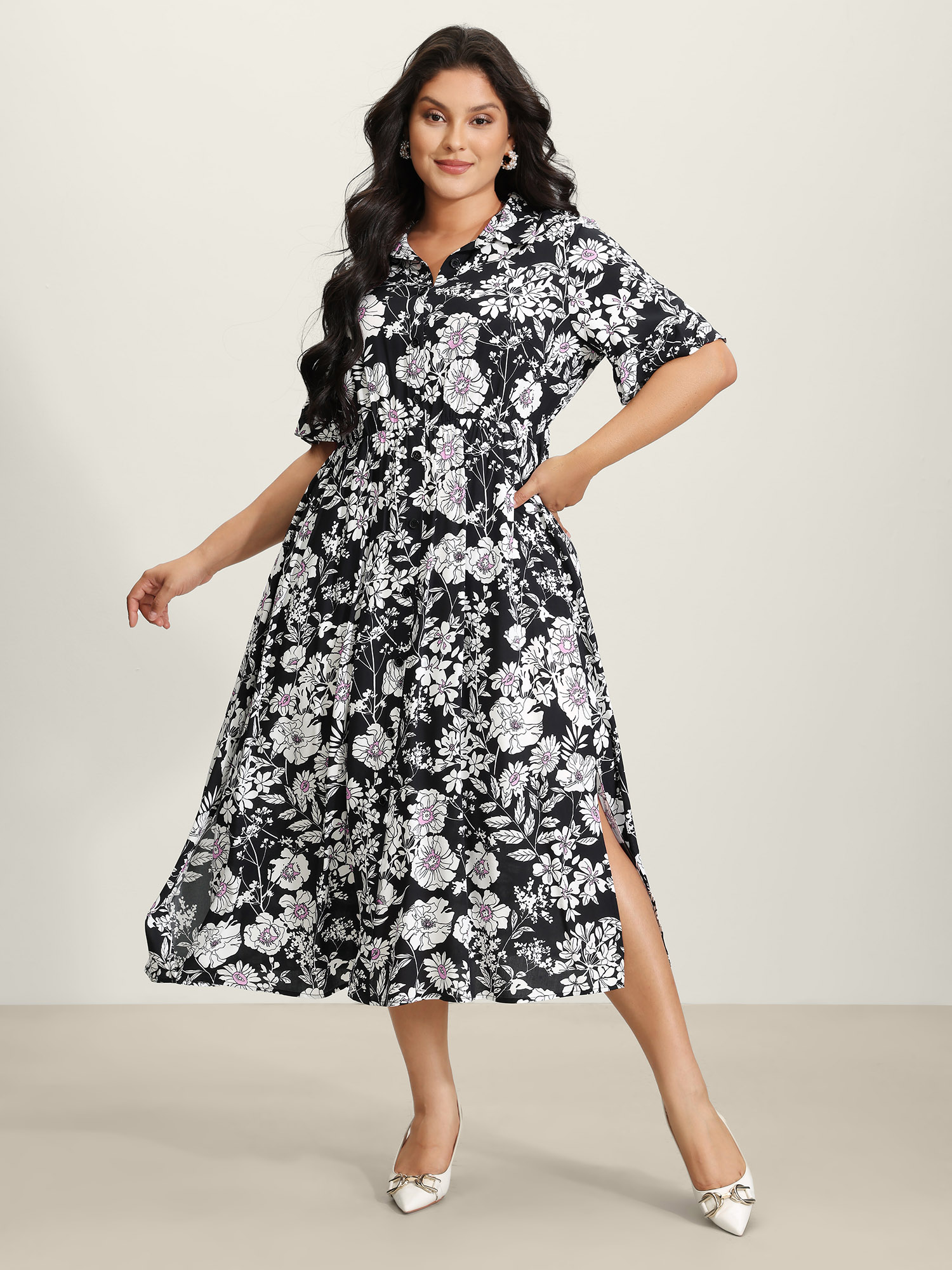 BloomChic Women's Plus Size Rayon Floral Print Placket Maxi Dress Black Floral Midi Office Button 22-24/3X