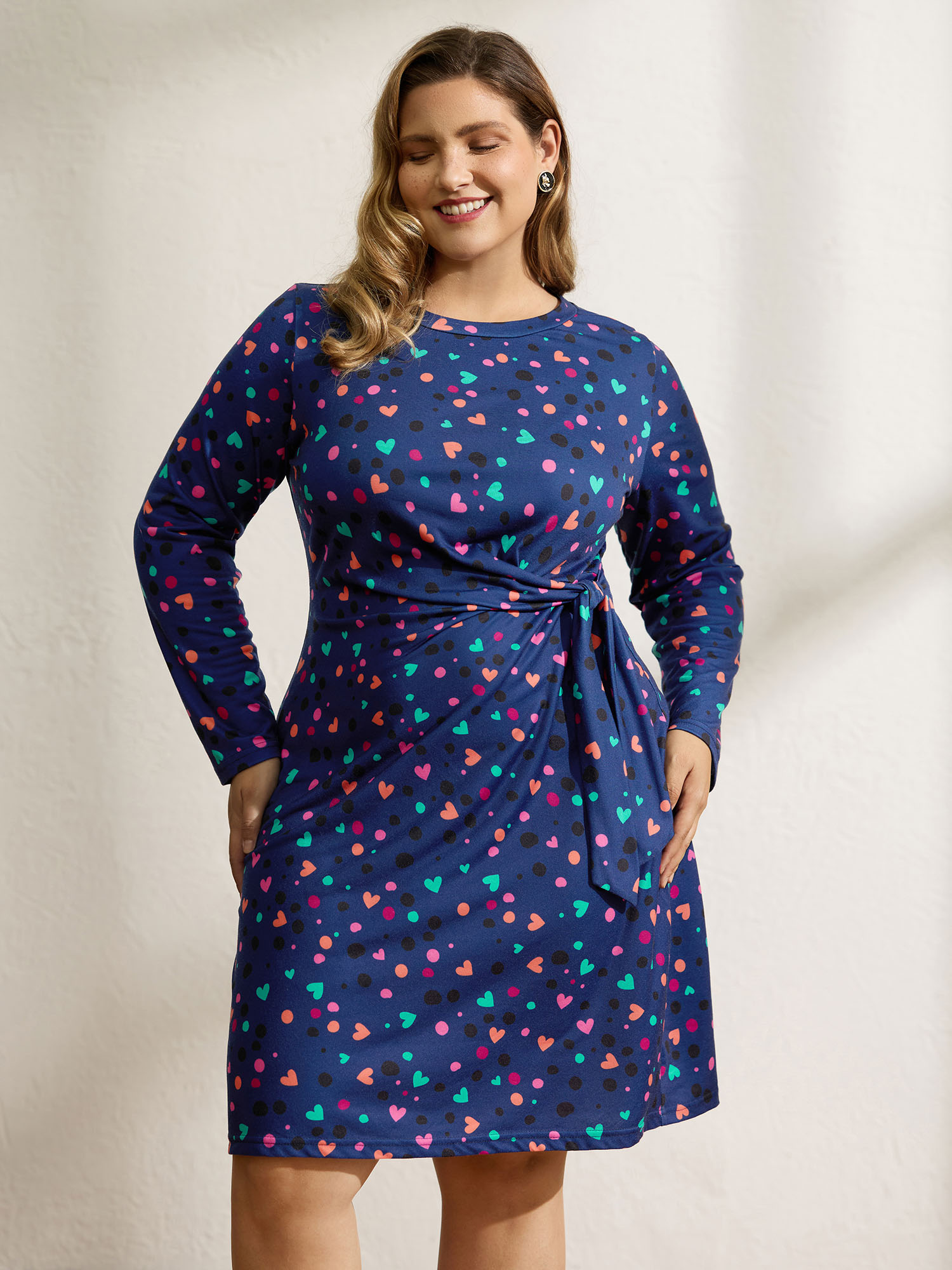 BloomChic Women's Plus Size Supersoft Colorful Polka Dot Hearts Knot Midi Dress Navy Heart Short Everyday-Casual Tie knot 22-24/3X