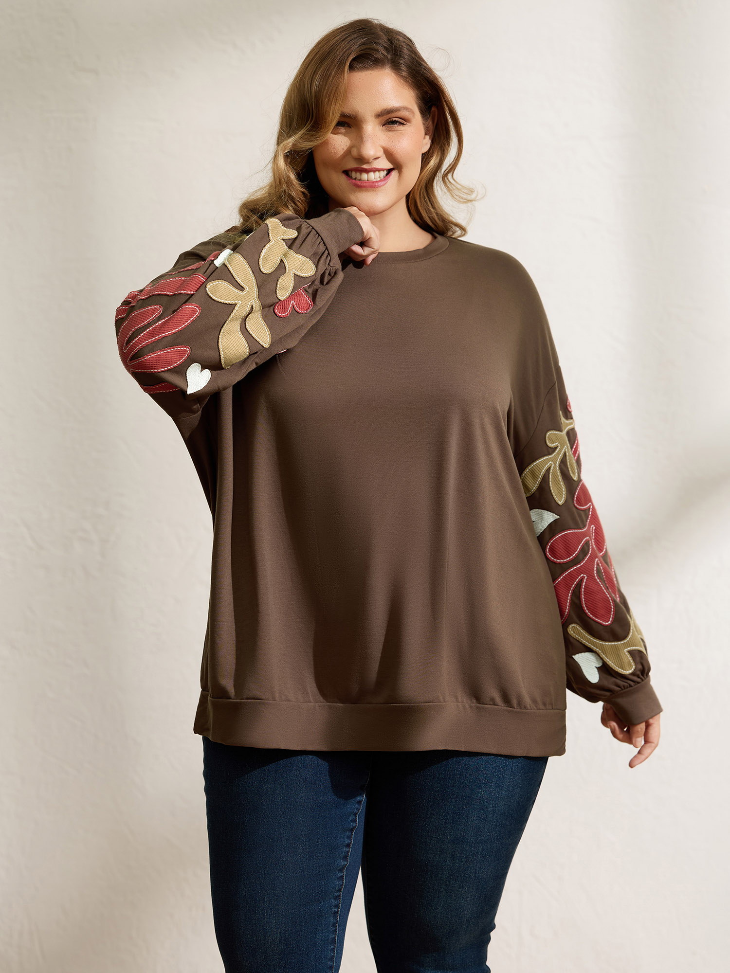 BloomChic Women's Plus Size Floral Embroidered Patchwork Contrast Sweatshirt Browncoffeecolor Everyday-Elegant 18-20/2X