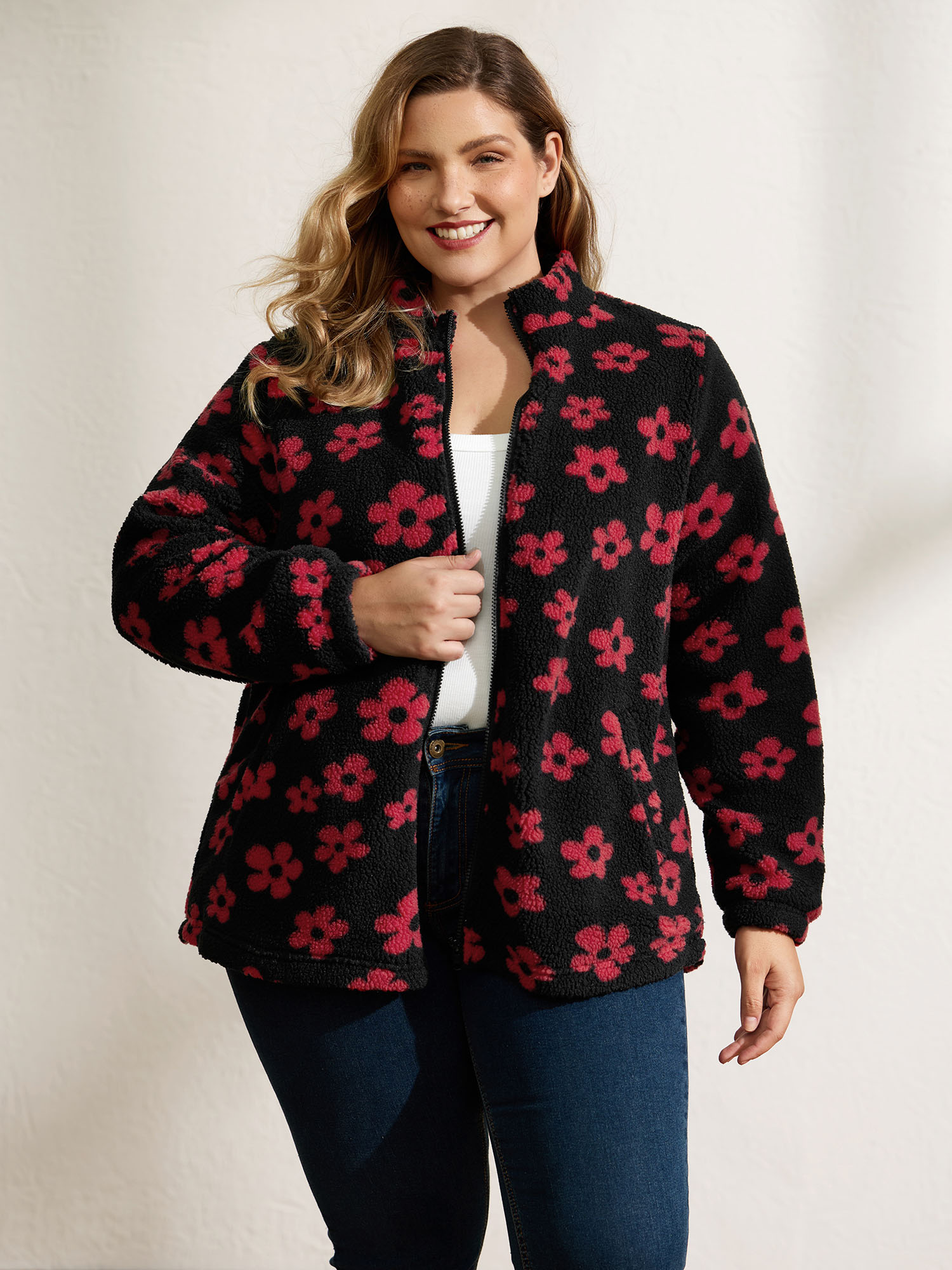 BloomChic Women's Plus Size Jacquard Plush Floral Print Zipper Coat Black H-line 10/M