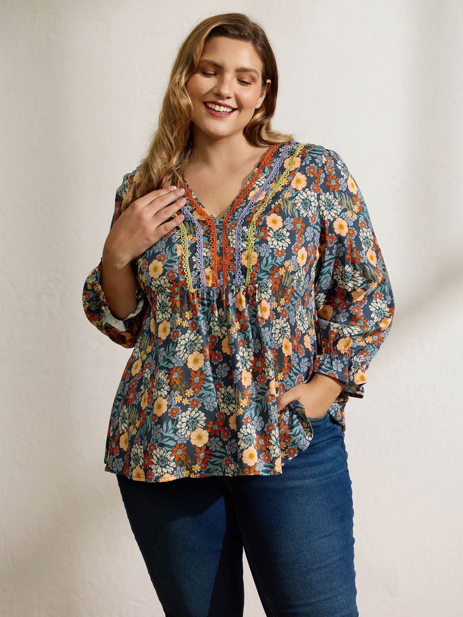 BloomChic Women's Plus Size Cozy Floral Print Lace Trim Blouse Multicolor Floral Vacation Three-quarter Length Sleeve 10/M