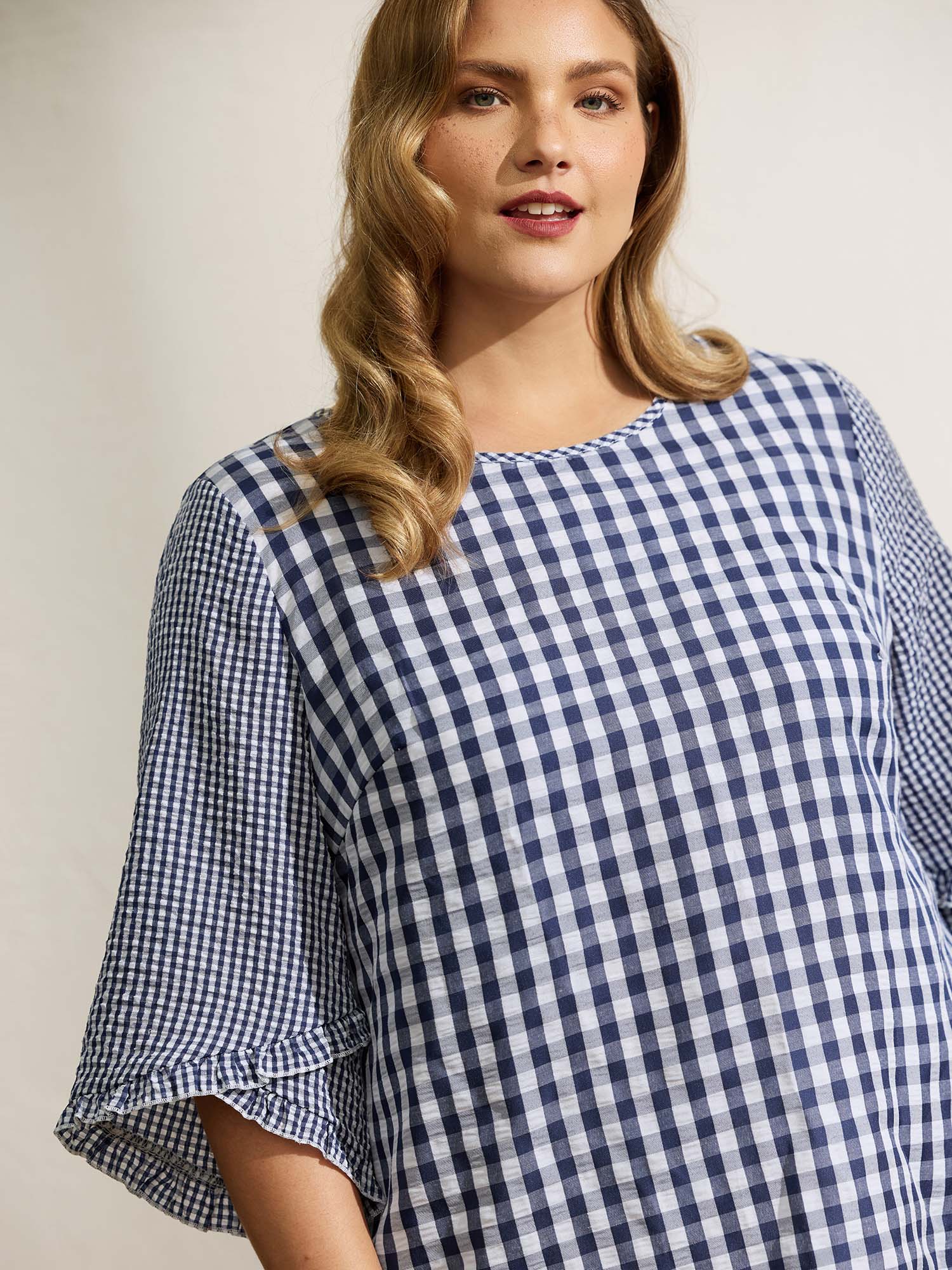 Bloomchic Checkered Print Flared Overlap Sleeve Blouse In Blue