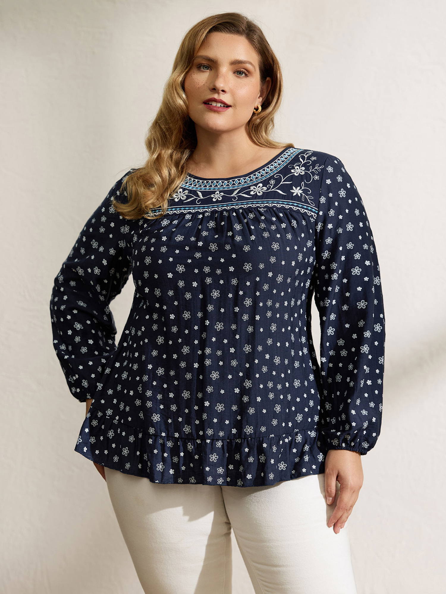 Bloomchic Supersoft Embroidered Ruffled Hem Blouse In Blue