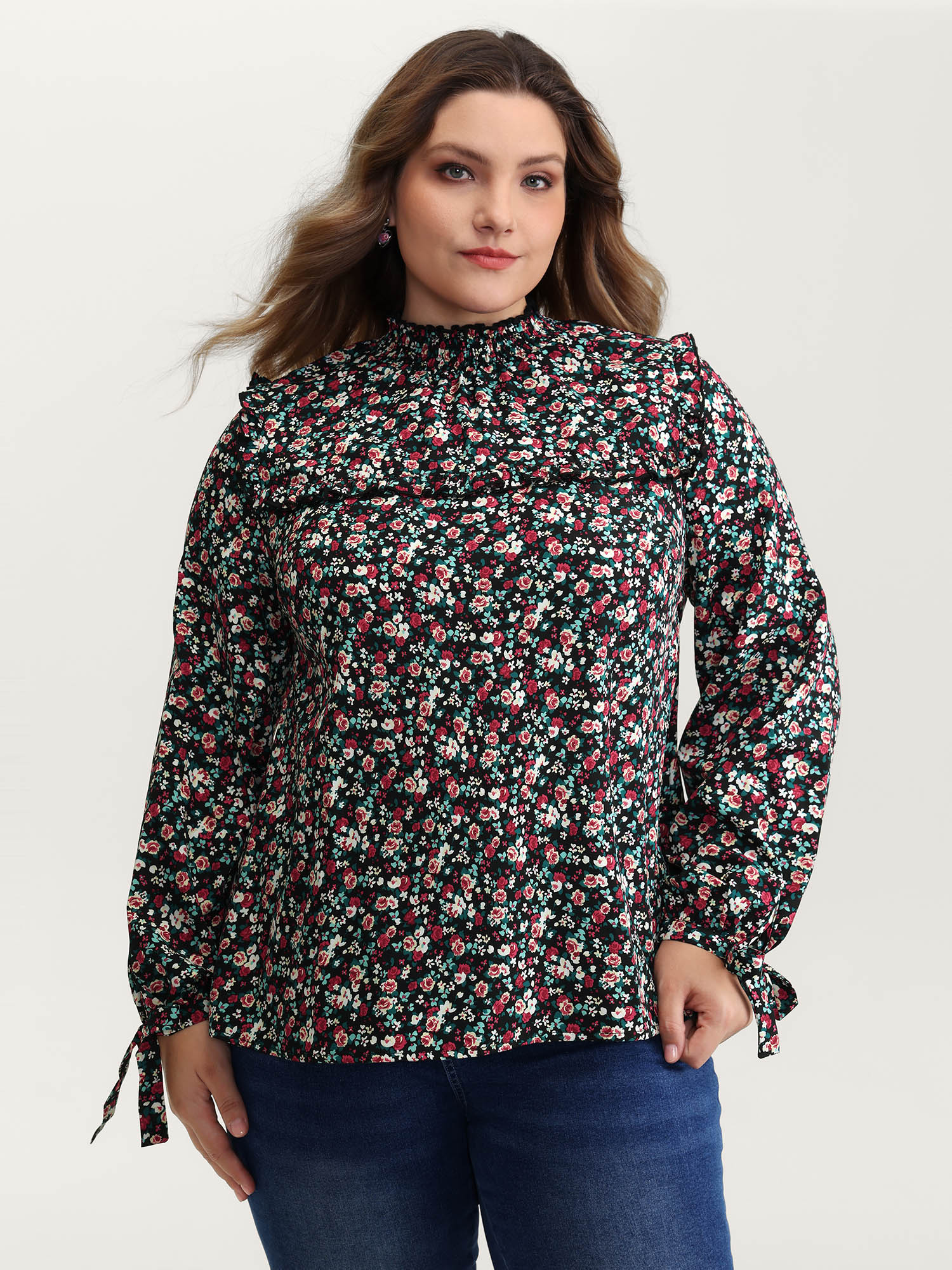 BloomChic Women's Plus Size Floral Print Shirred Sleeve Tie Blouse Black Ditsy Floral Everyday-Elegant Extra Long Sleeve 10/M