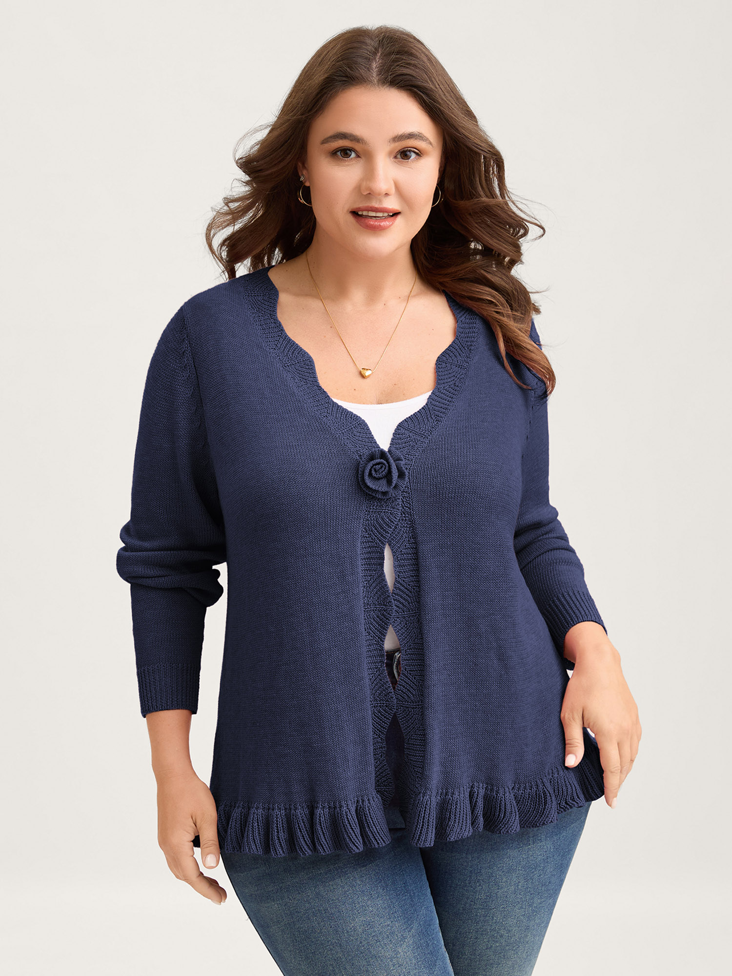 BloomChic Women's Plus Size Supersoft Textured Floral Button Ruffled Hem Knit Cardigan Ocean Cavern Long Sleeve V-Neck 18-20/2X