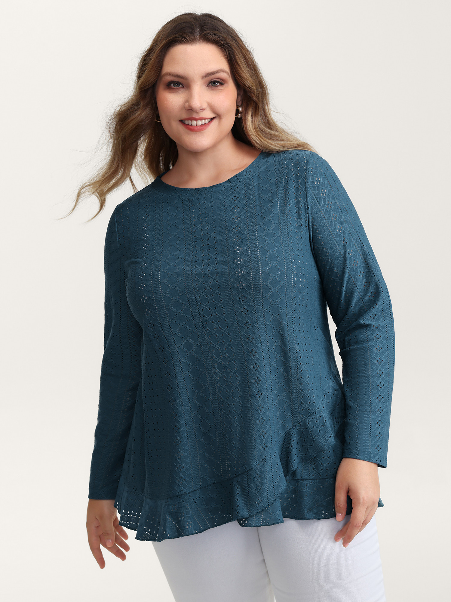 BloomChic Women's Plus Size Eyelet Trim Overlap Ruffled Hem T-Shirt Mediumblue Synthetic texture Everyday-Elegant Long Sleeve 10/M
