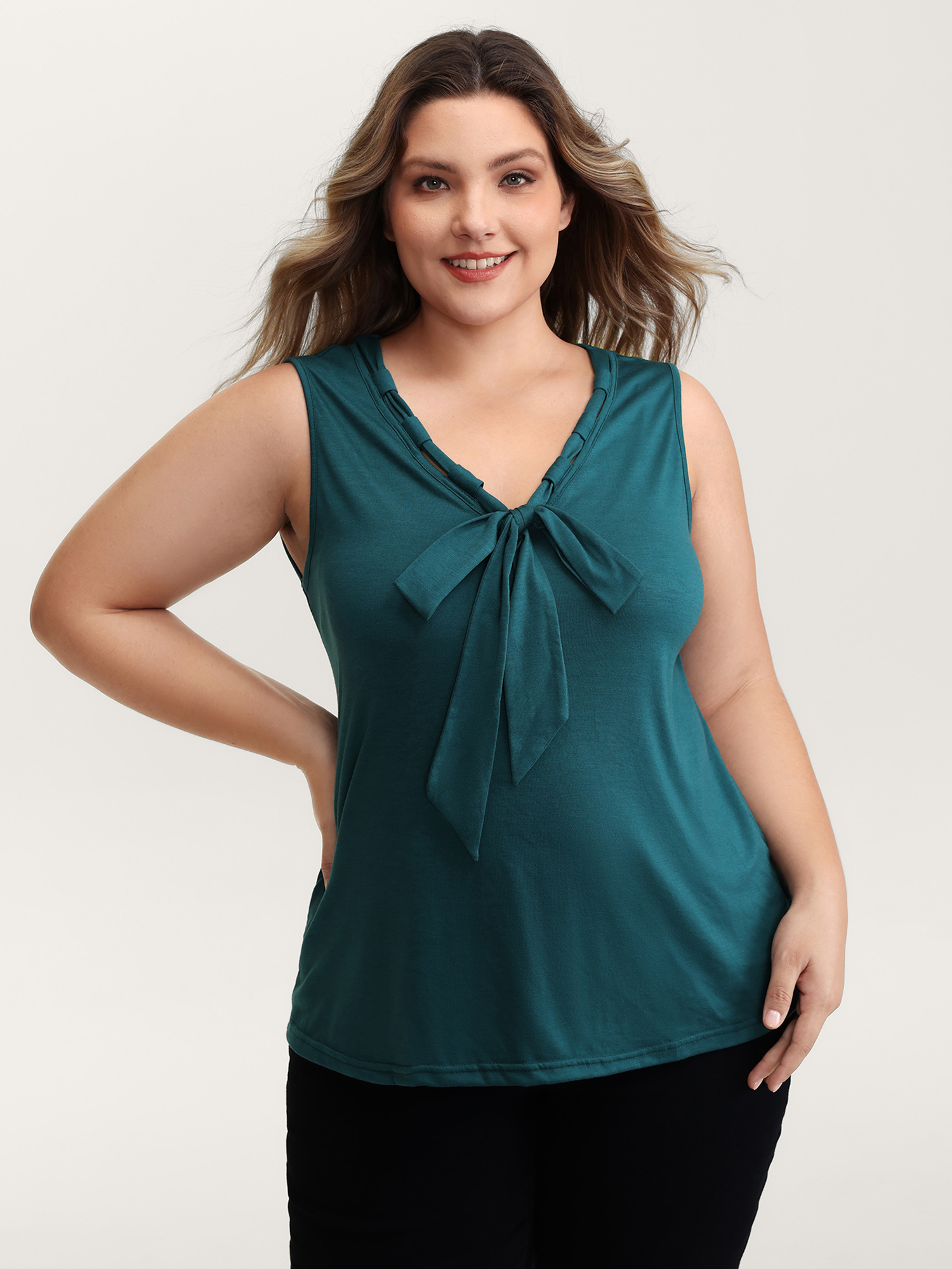 BloomChic Women's Plus Size Supersoft Stretchy Bowknot Neckline Tank Top Aegean Everyday-Casual A-line 30/6X