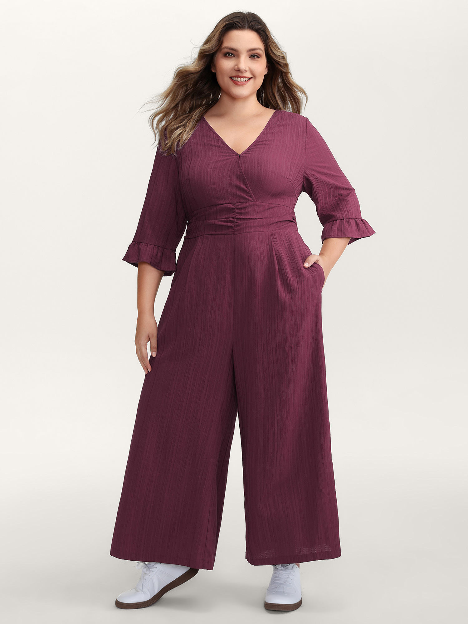 BloomChic Women's Plus Size Wide Pleated Waist Backless Tie Jumpsuit Plum Everyday-Casual 10/M