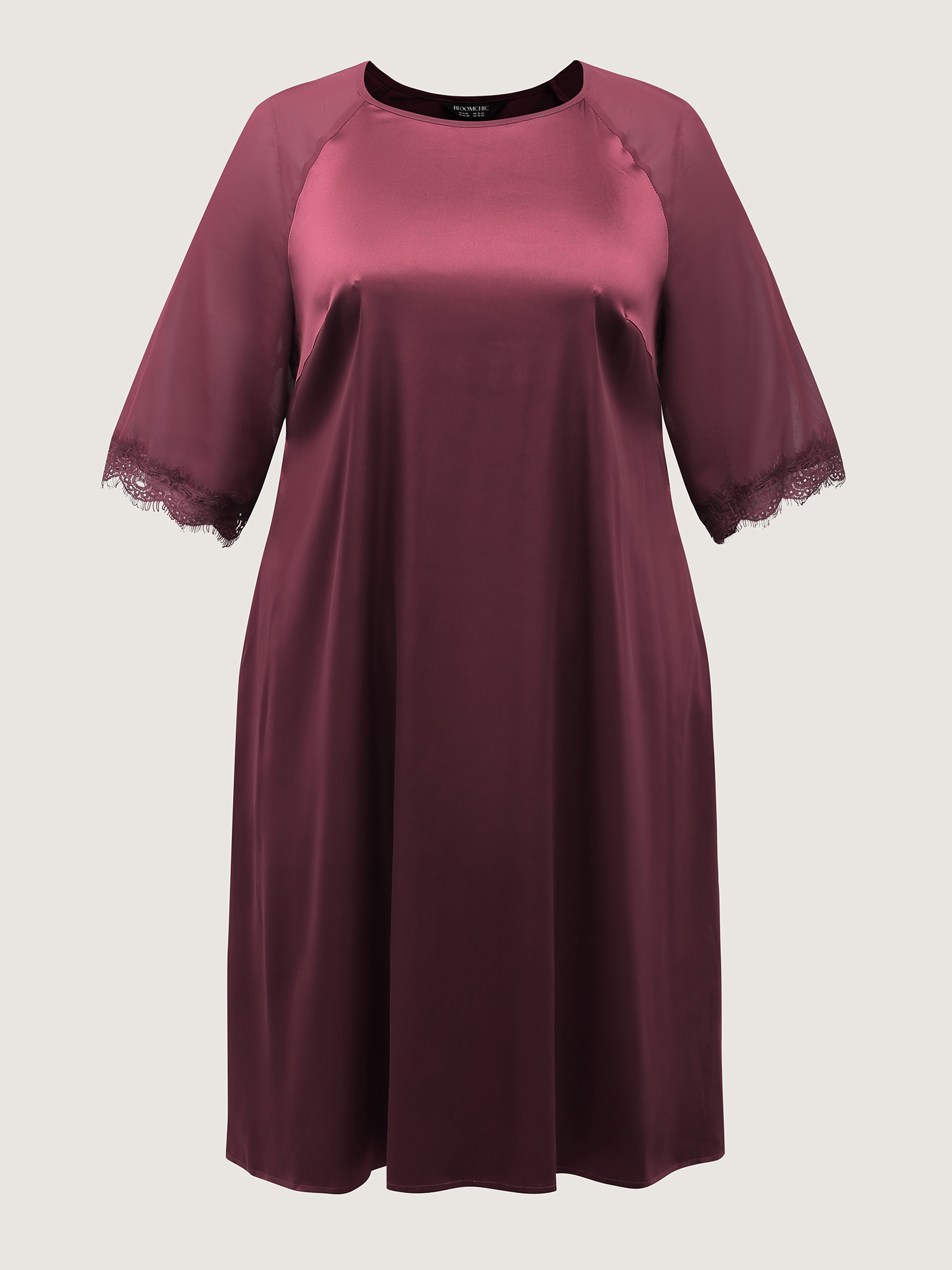 Side view of BloomChic Women's Plus Size Satin Semi-Sheer Sleeve Pleated Nightgown Burgundy Half Sleeve Knee 22-24/3X