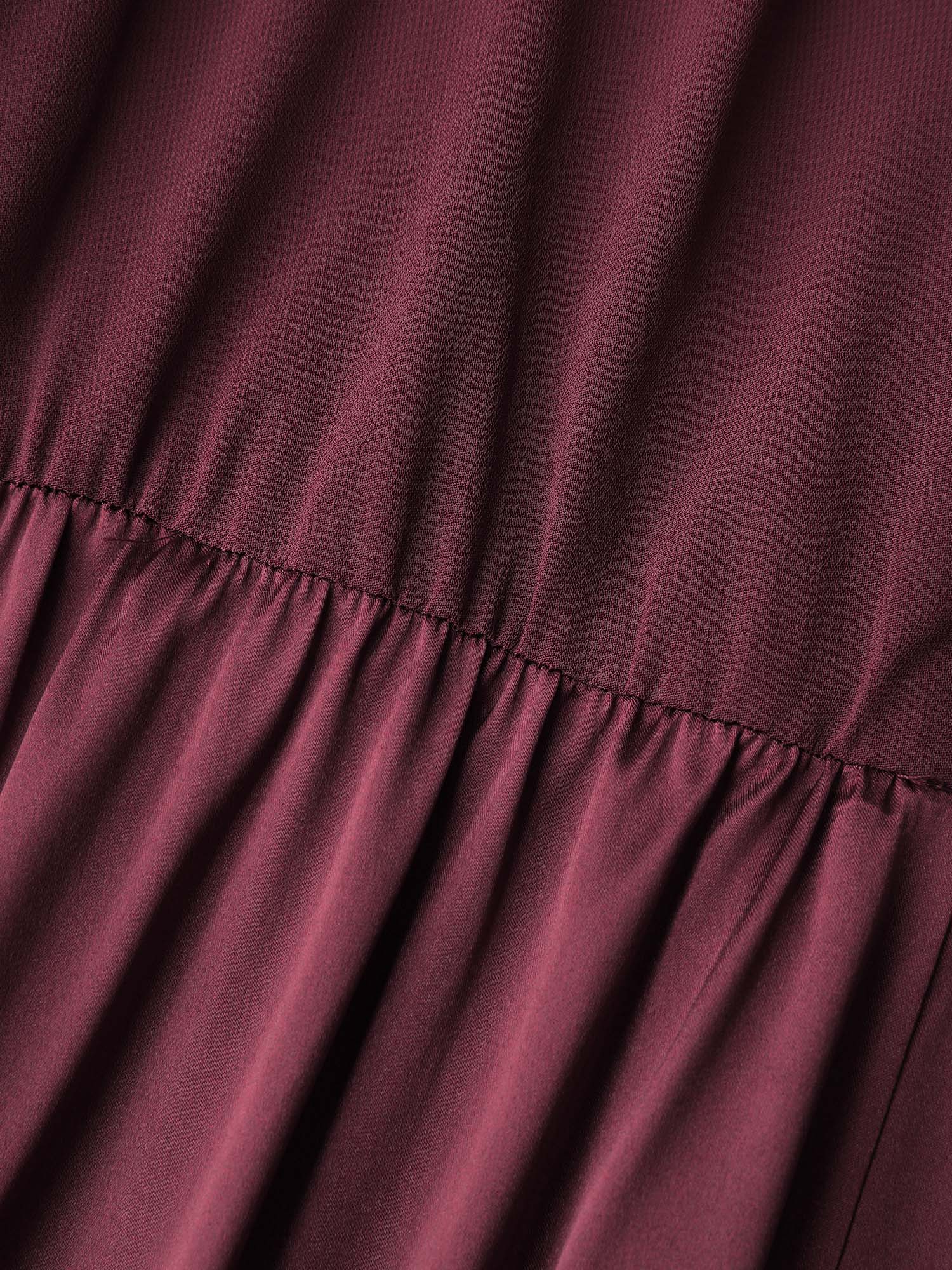 Side view of BloomChic Women's Plus Size Satin Semi-Sheer Sleeve Pleated Nightgown Burgundy Half Sleeve Knee 22-24/3X