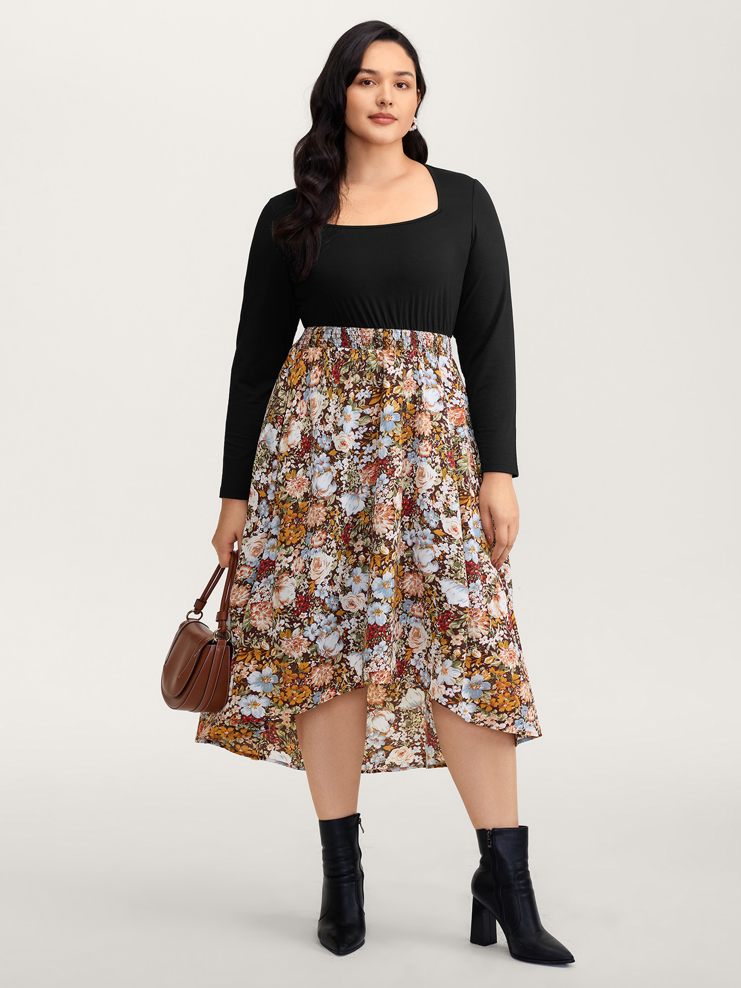 BloomChic Women's Plus Size Floral Print High-Low Hem Midi Dress Black Floral Knee Everyday-Elegant Colorblock 10/M
