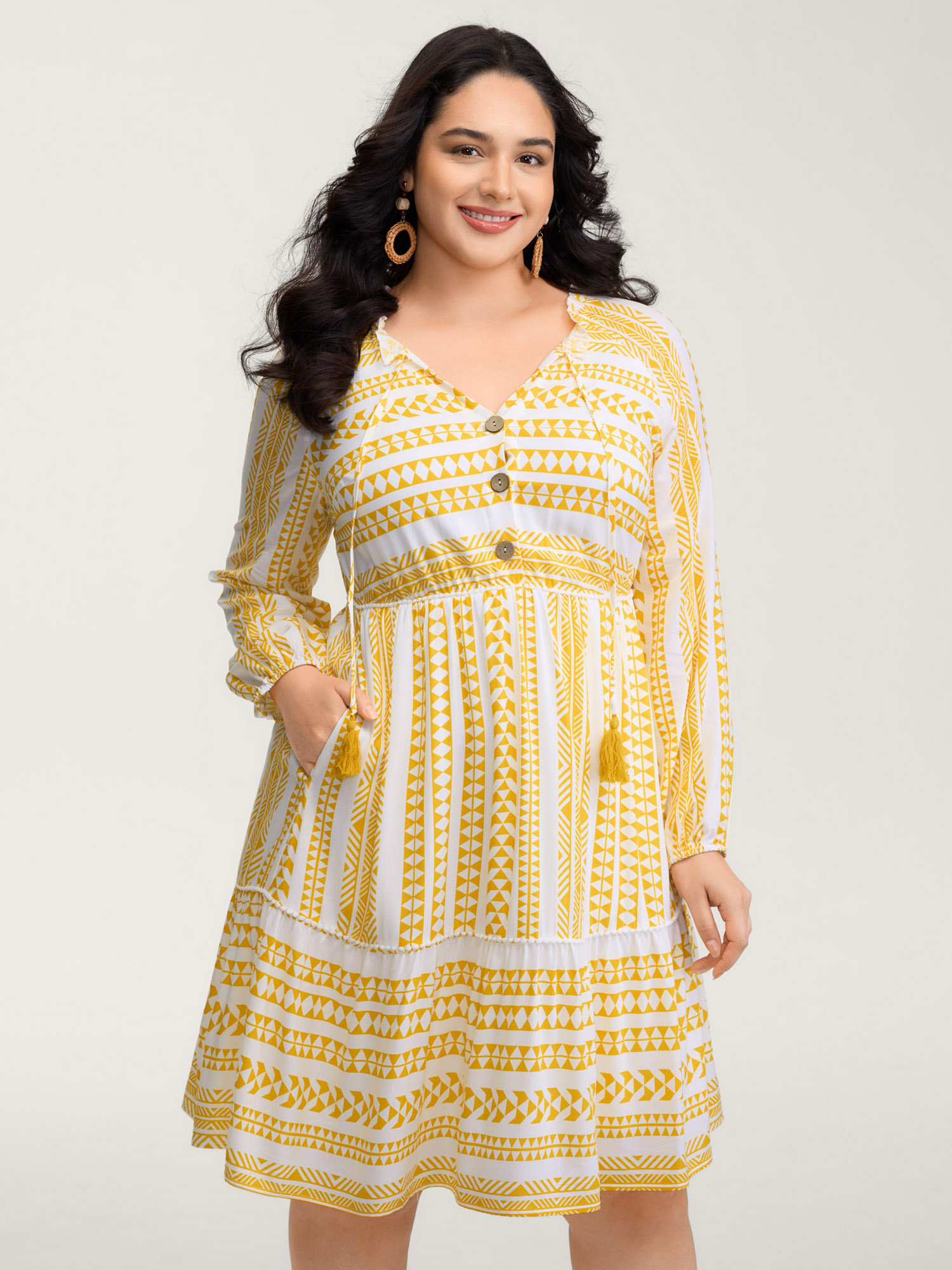 BloomChic Women's Plus Size Rayon Boho Stripe Button Placket Midi Dress Multicolor Bohemian print Knee Vacation 10/M