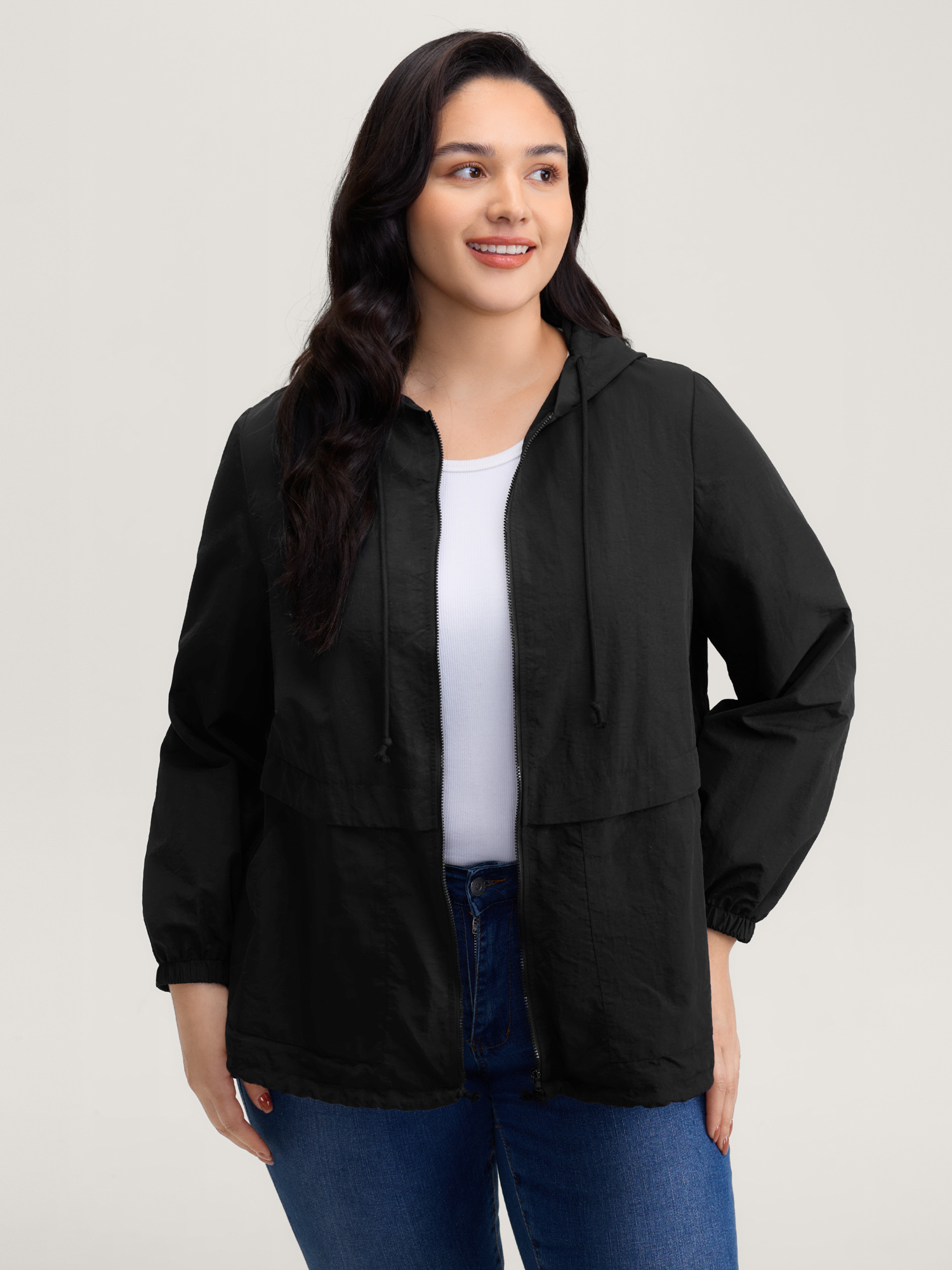 BloomChic Women's Plus Size Water-Resistant Hooded Lined Zipper Jacket Black Zipper O-line 10/M