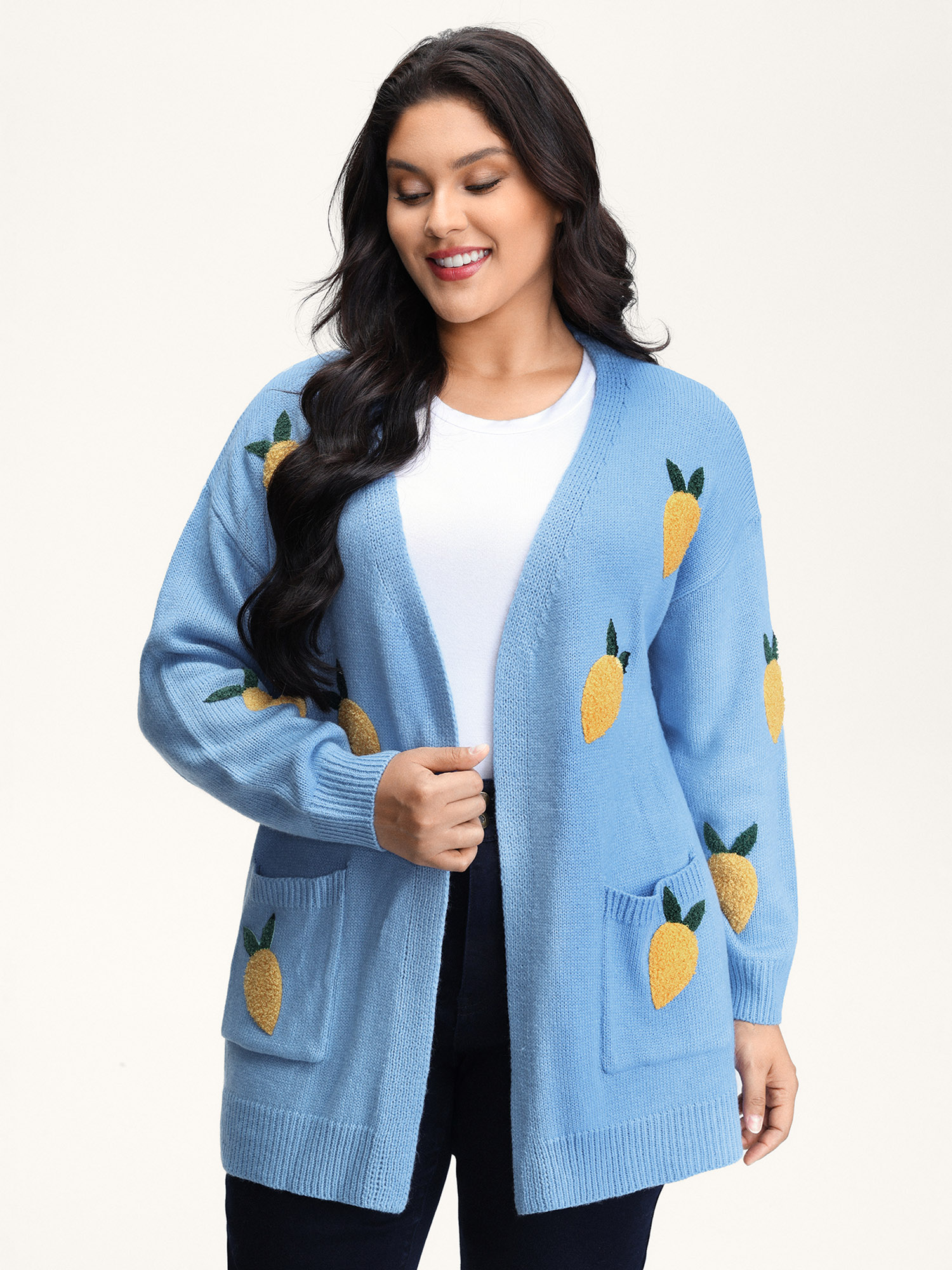 BloomChic Women's Plus Size Lemon Embroidery V-Neck Pockets Knit Cardigan LightBlue Long Sleeve 10/M