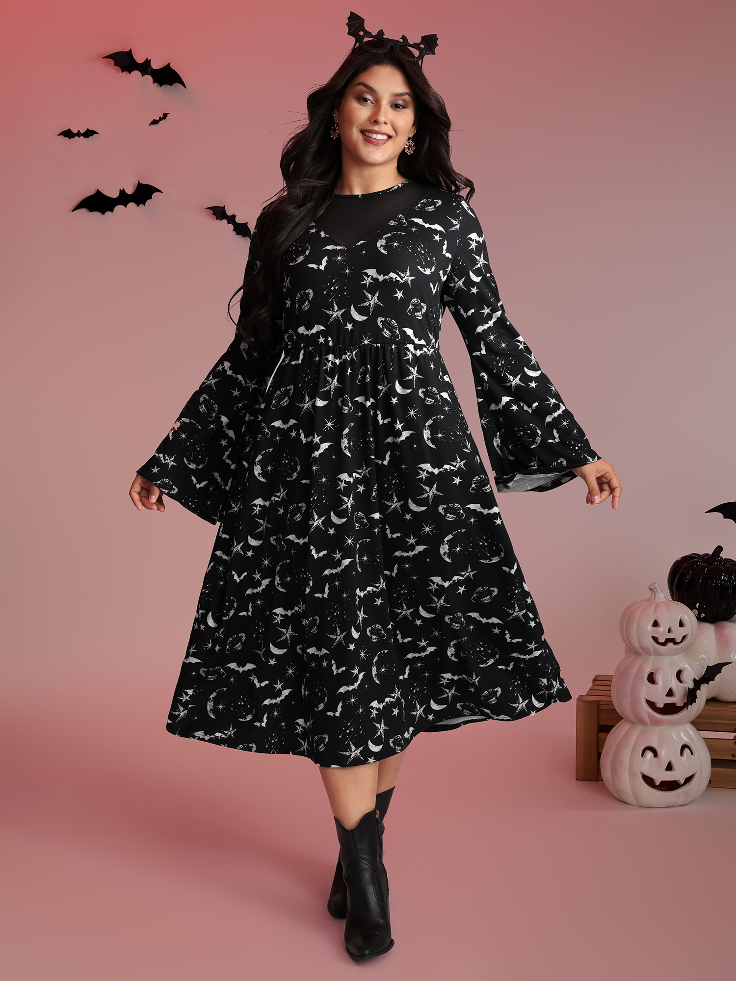 BloomChic Women's Plus Size Celestial Halloween Print Sheer Pockets Maxi Dress BlackFlower Stars and moons Midi Everyday-Casual 10/M