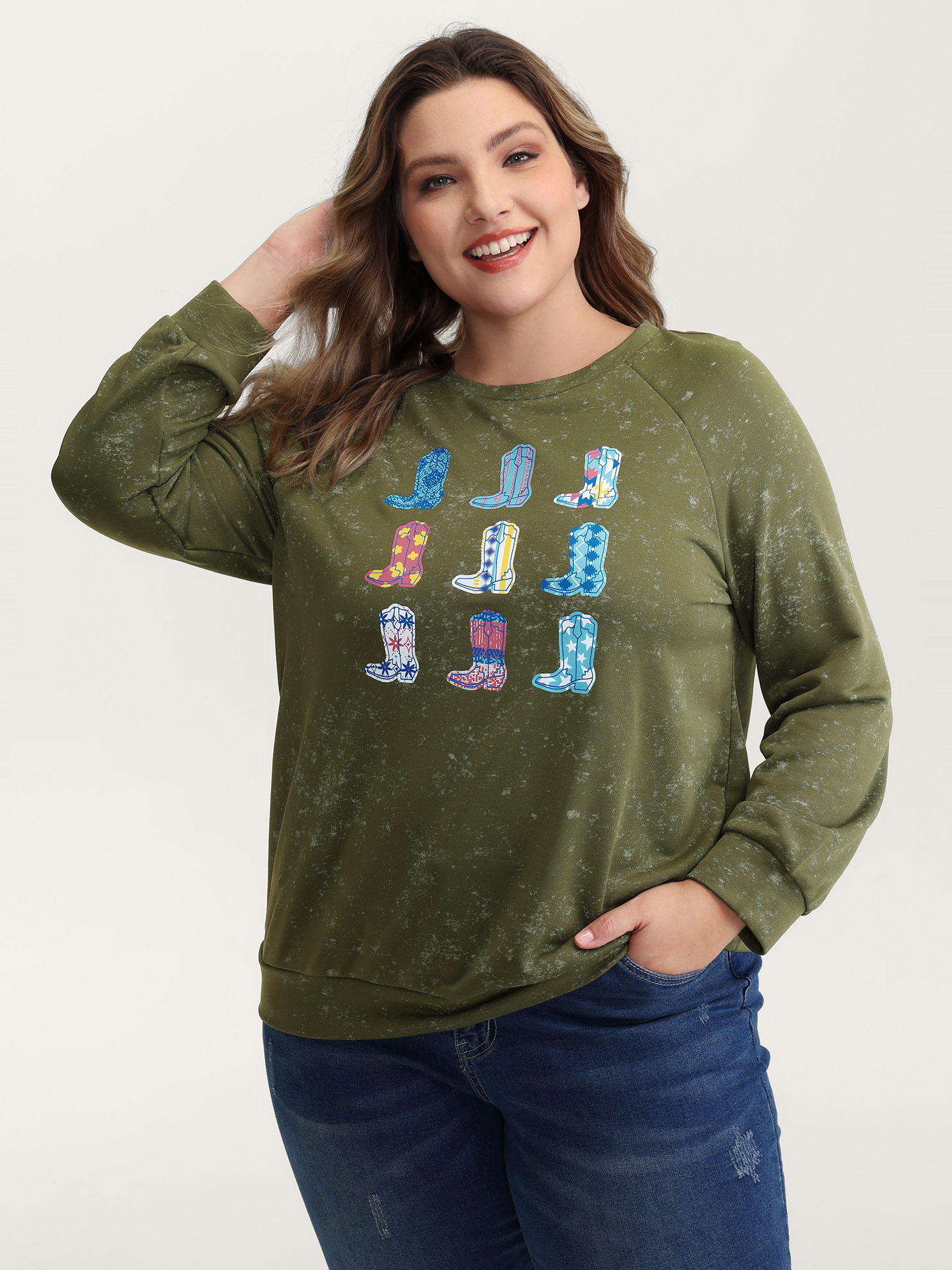BloomChic Women's Plus Size Colorful Cowboy Boots Print Nostalgic Sweatshirt Sage Everyday-Casual 10/M